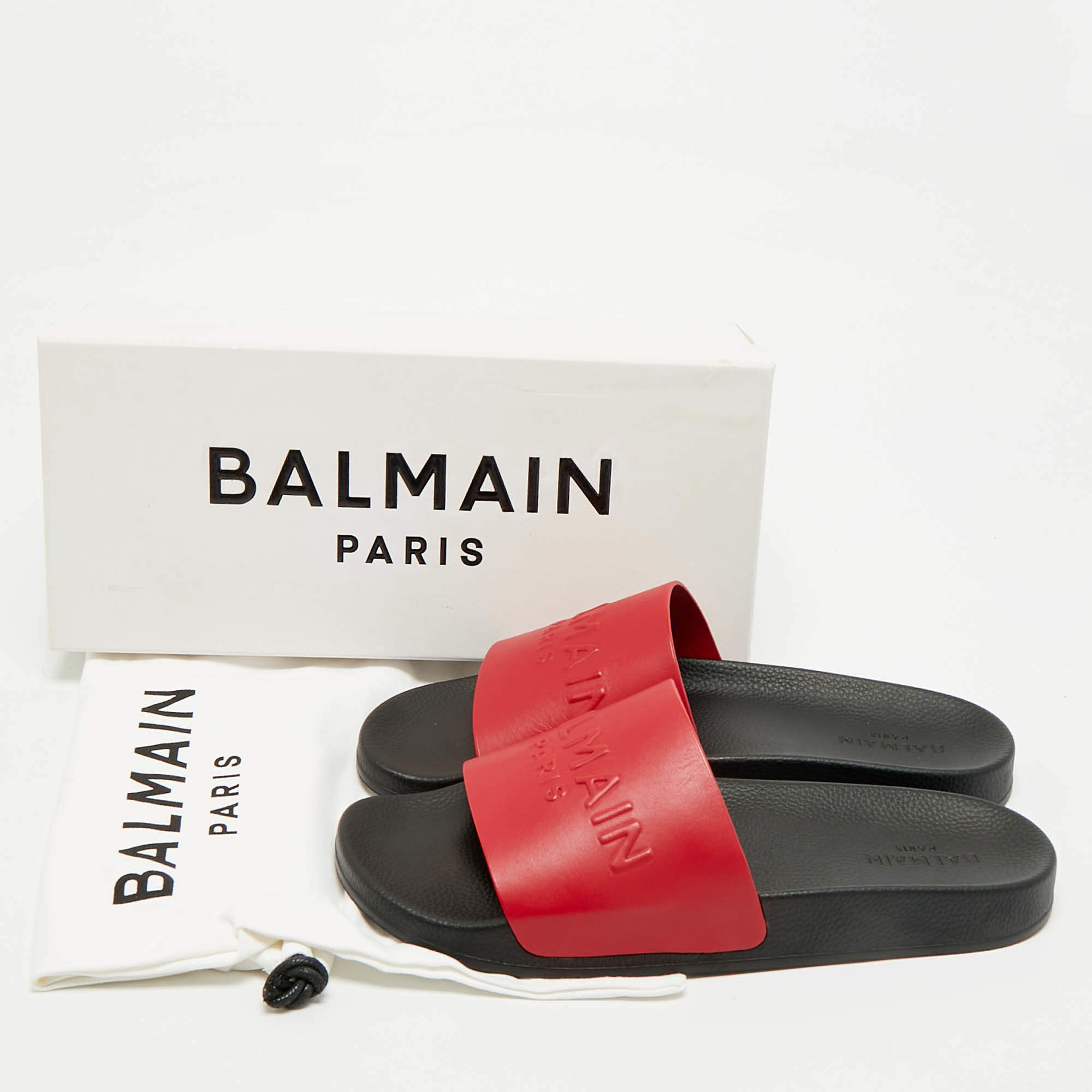 Balmain Red Monogram Embossed Leather Slide Sandals Size 44