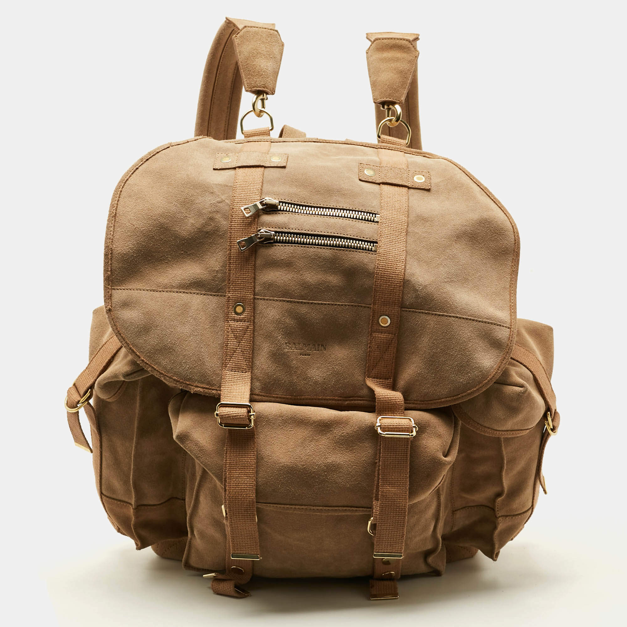 مملوكة مسبقًا Balmain Beige Suede Drawstring Military Backpack