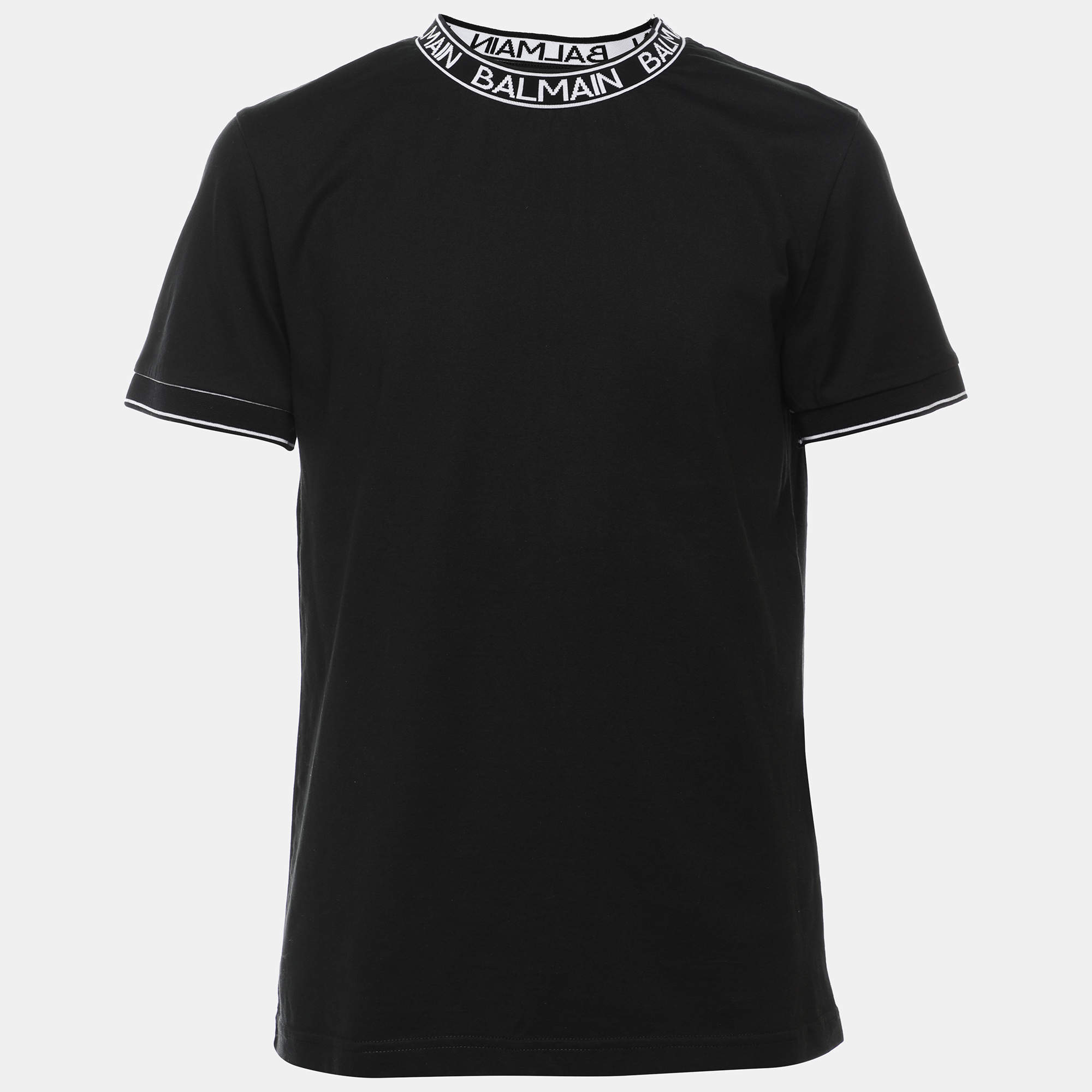 Pre Owned Balmain Black Cotton Crew Neck Logo T-Shirt M