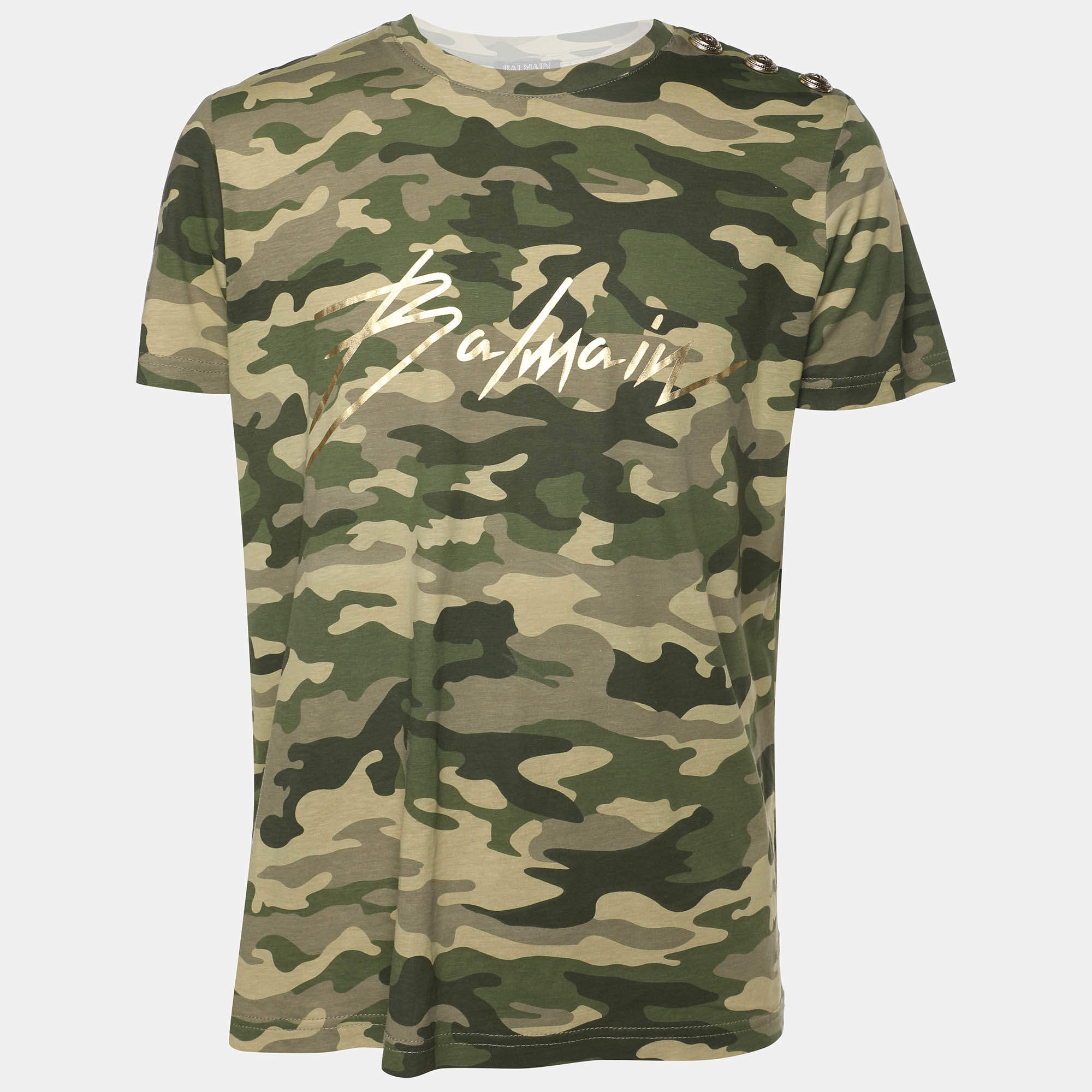 Balmain Green Camouflage Print Cotton T-shirt M