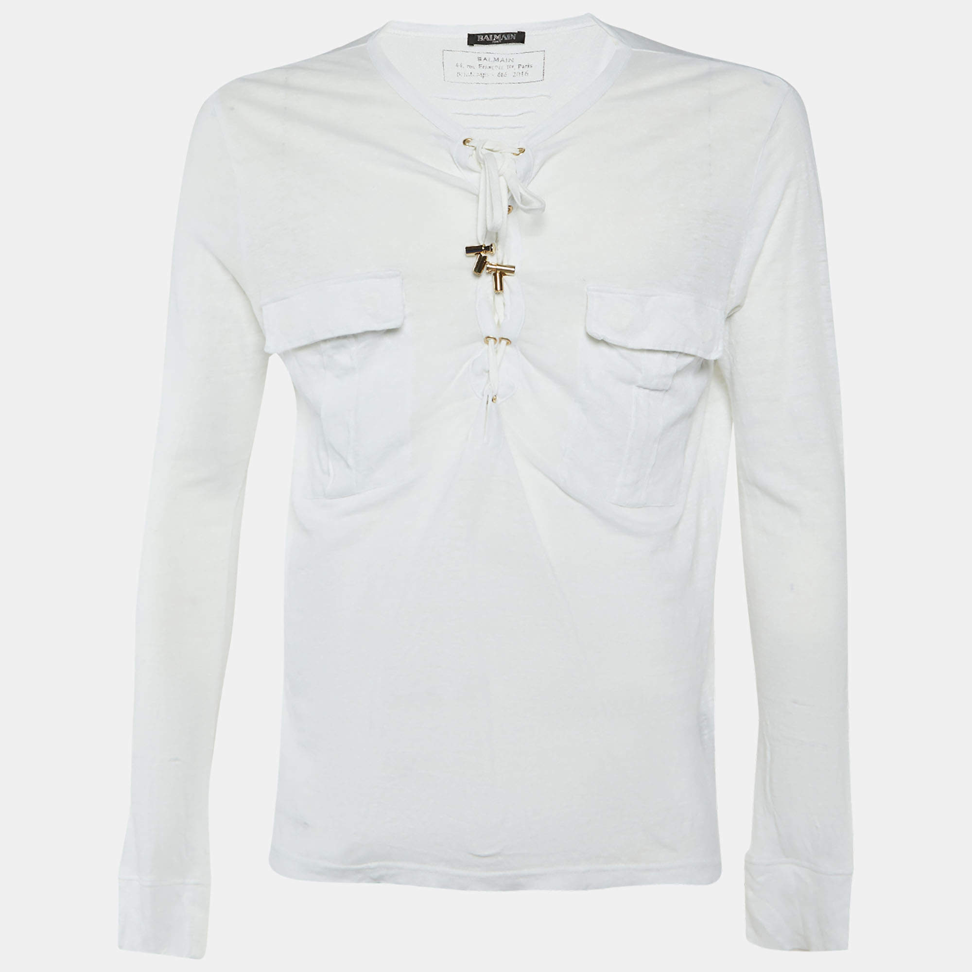 Pre Owned Balmain White Linen Lace-Up Long Sleeve T-Shirt M