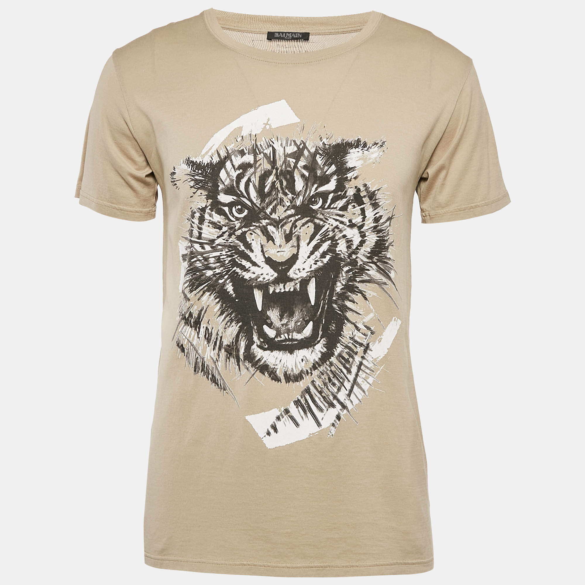 Balmain Beige Tiger Print Cotton Round Neck T-Shirt M