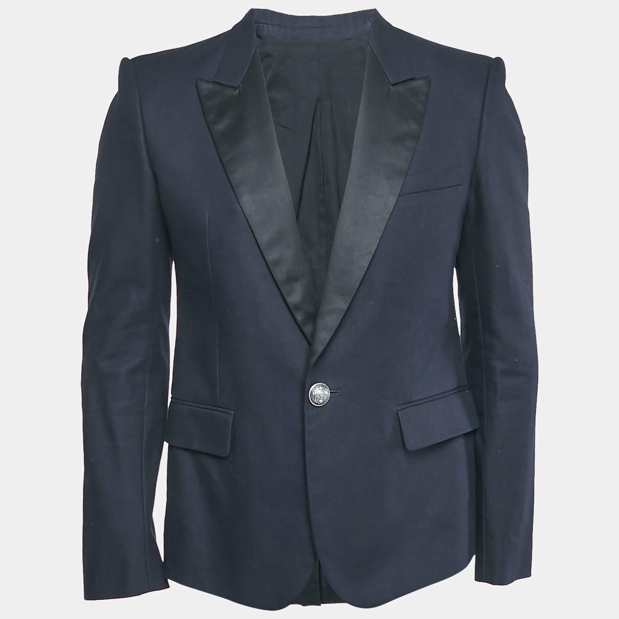 Pre Owned Balmain Navy Blue Cotton Button Detail Single Breasted Blazer L