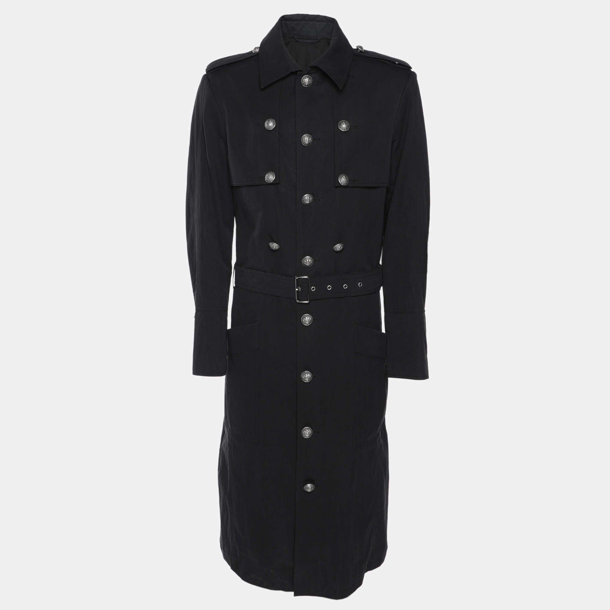 Balmain Dark Grey Cotton Blend Belted Coat XL