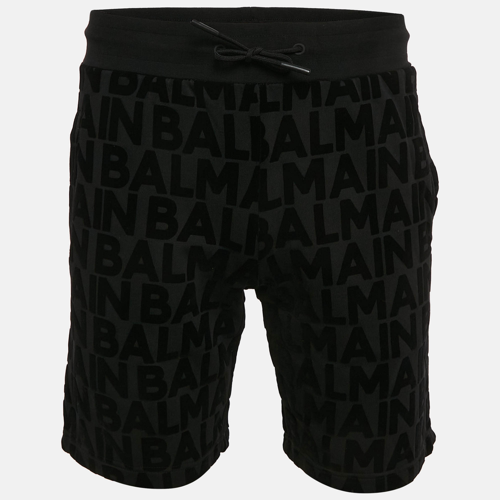 Pre Owned Balmain Black Logo Flock Print Cotton Knit Shorts M