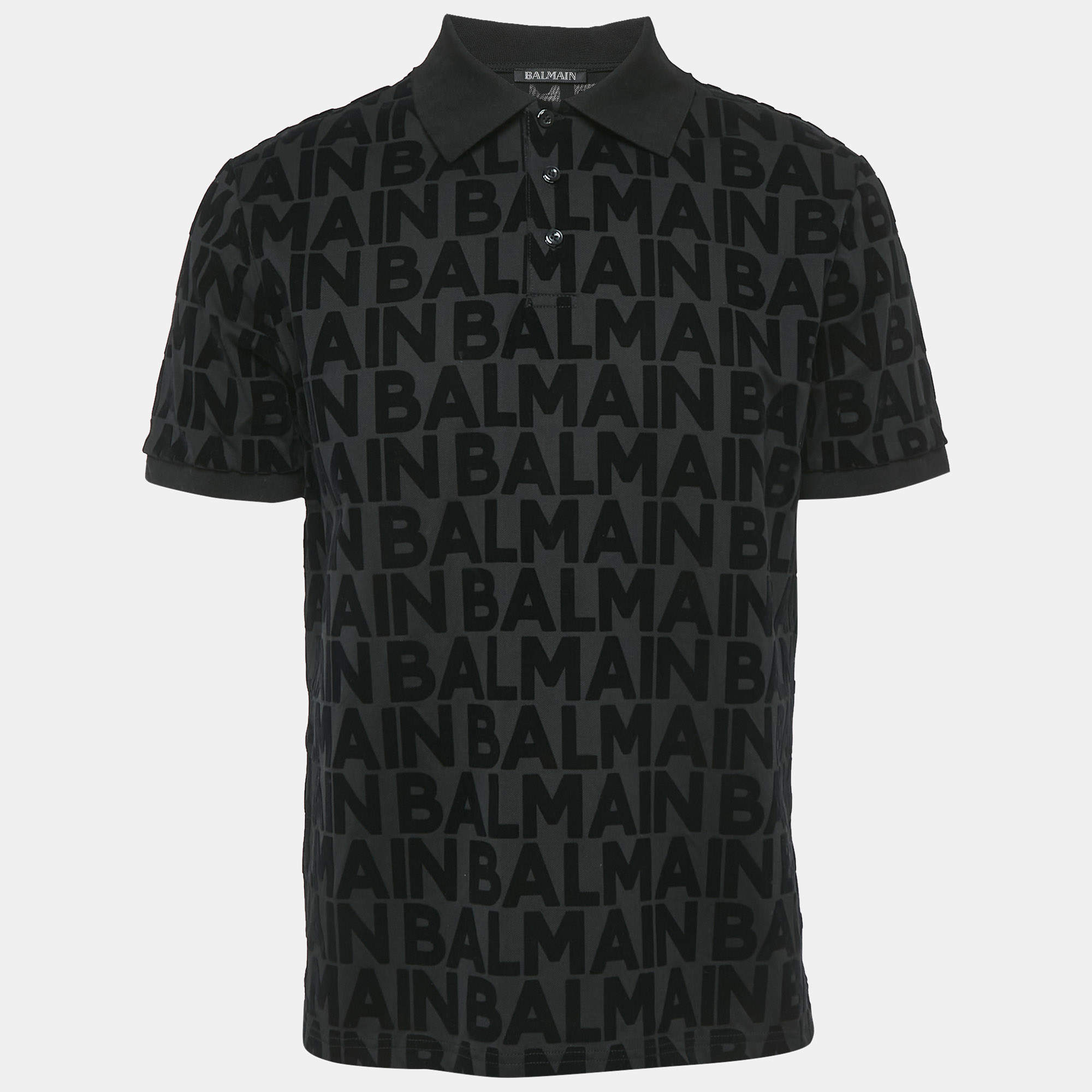Pre Owned Balmain Black Logo Print Cotton Polo T-Shirt L
