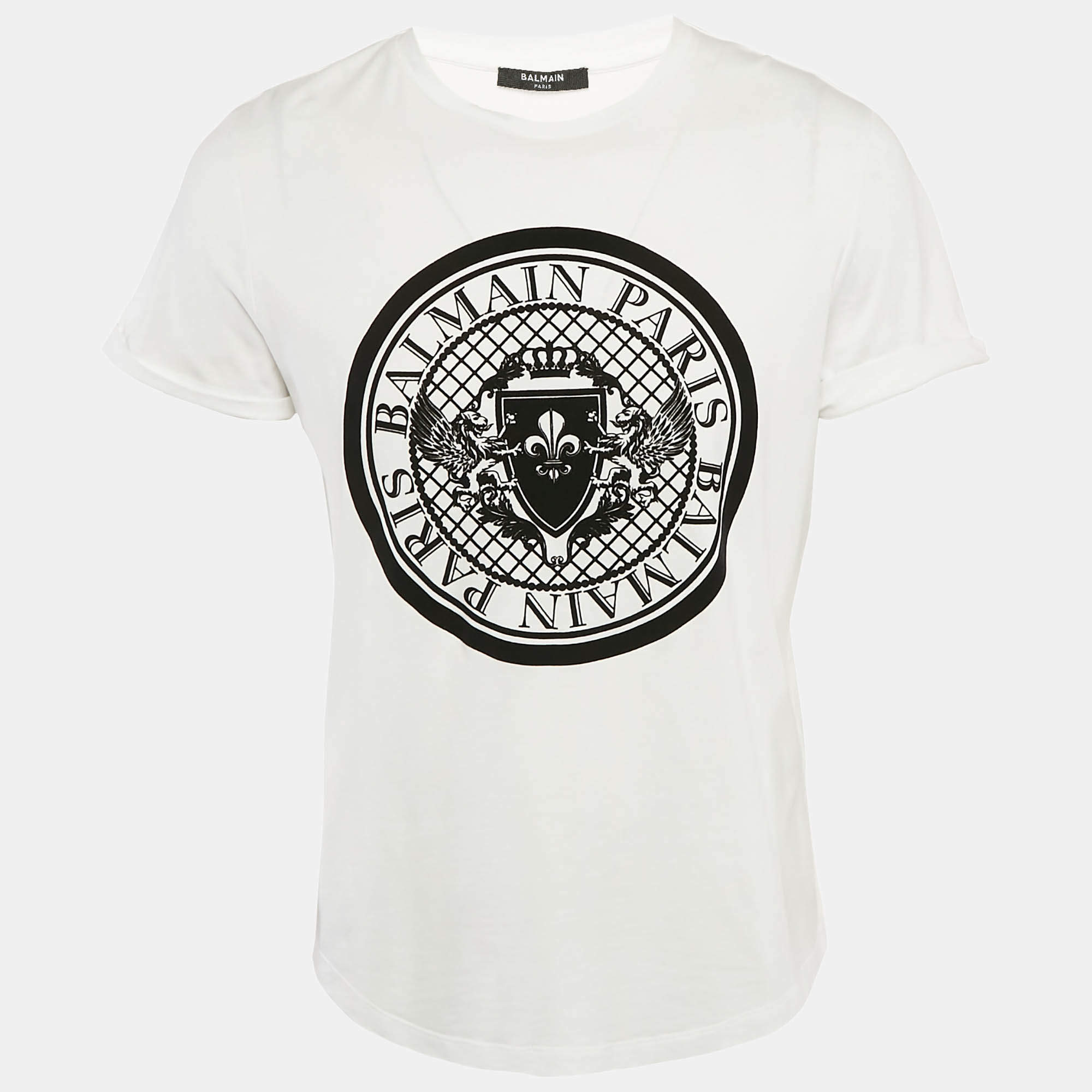 Pre Owned Balmain White Logo Flock Print Cotton Crew Neck T-Shirt L