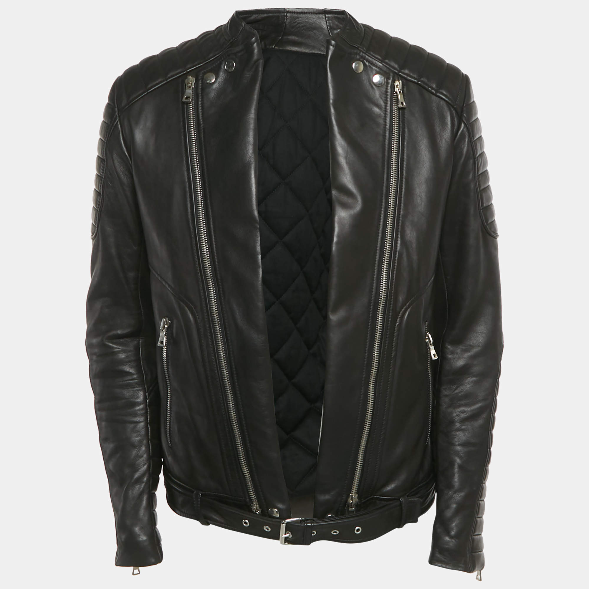 Pre Owned Balmain Black Leather Open Front Biker Jacket XXL