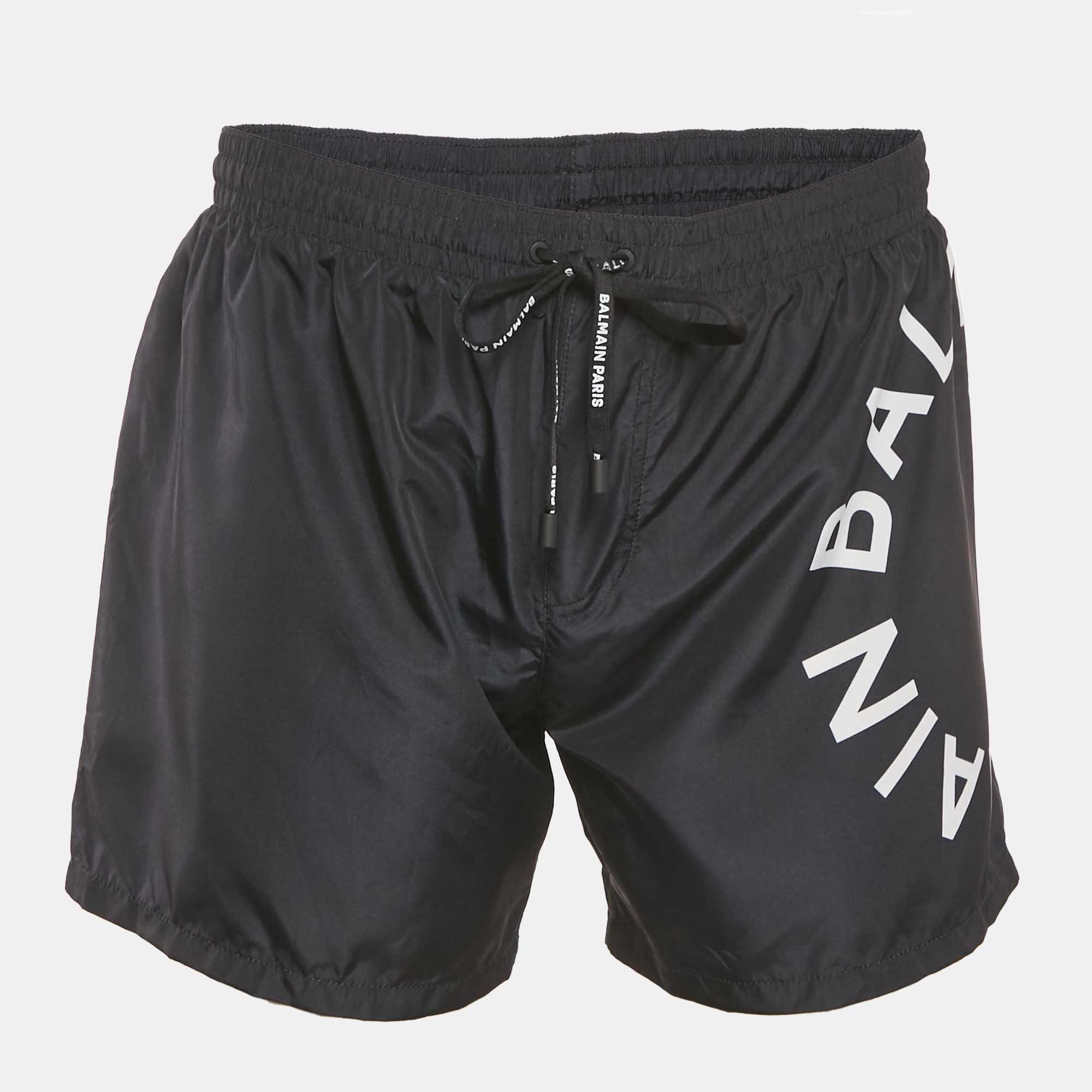 Pre Owned Balmain Black Logo Printed Synthetic Drawstring Swim Shorts L
