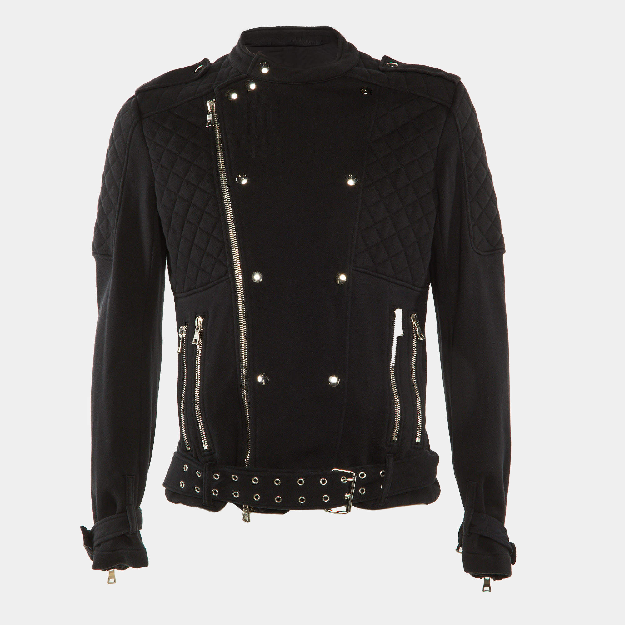 Pre Owned Balmain Black Cotton Quilted Biker Jacket XL