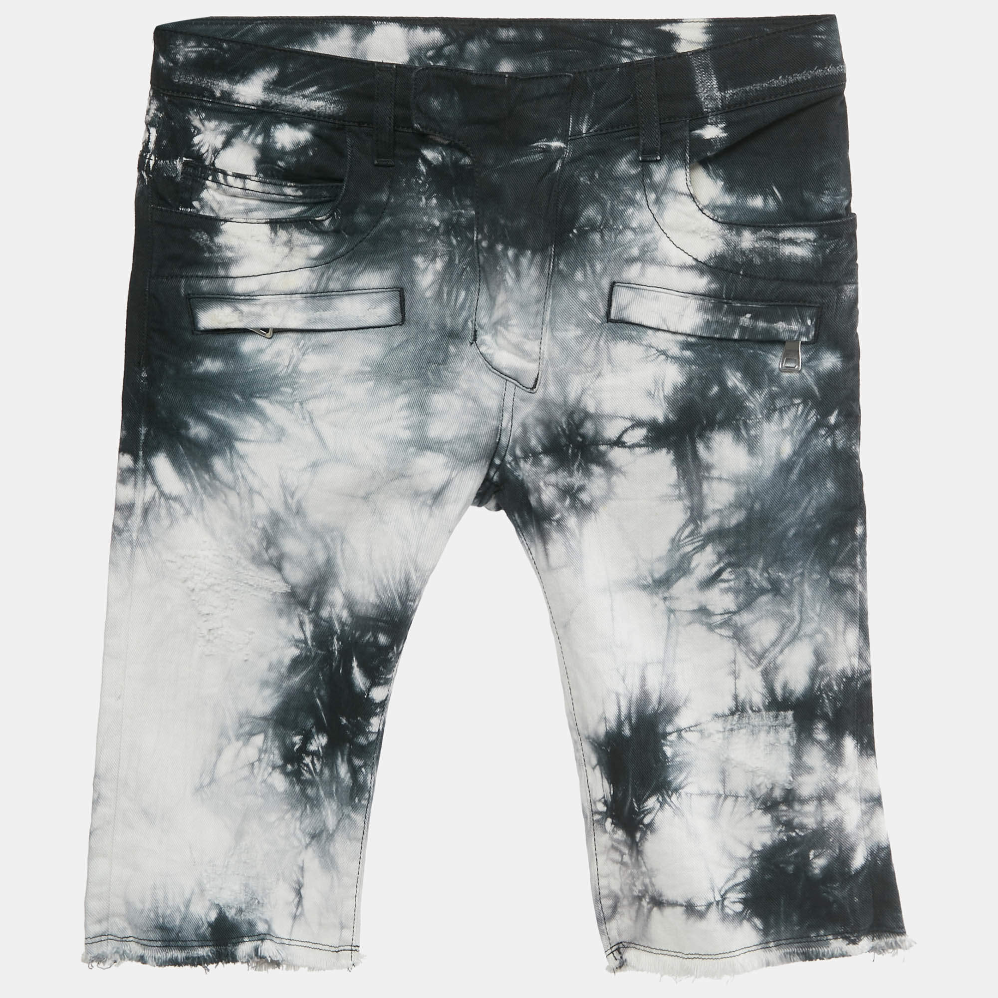 Pre Owned Balmain Black/ White Tie-Dye Frayed Hem Distressed Denim Shorts XS Waist 29"