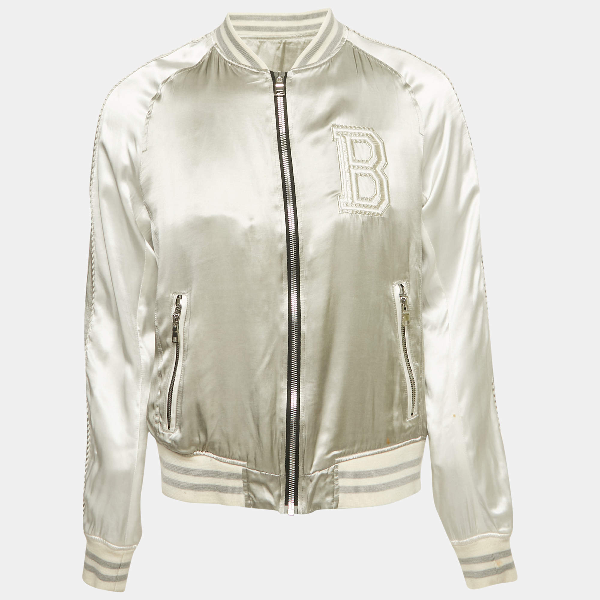 Pre Owned Balmain Grey Satin Bomber Jacket L