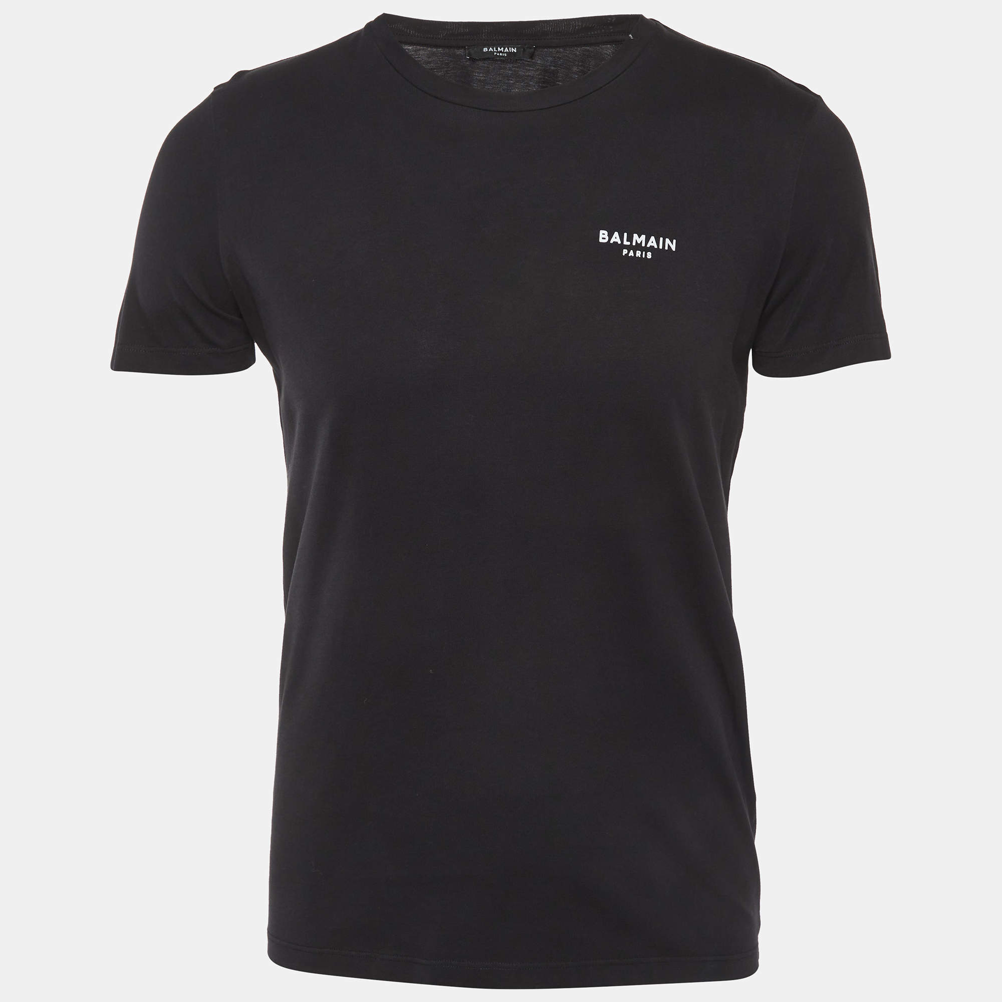 Pre Owned Balmain Black Cotton Knit Logo Applique T-Shirt S