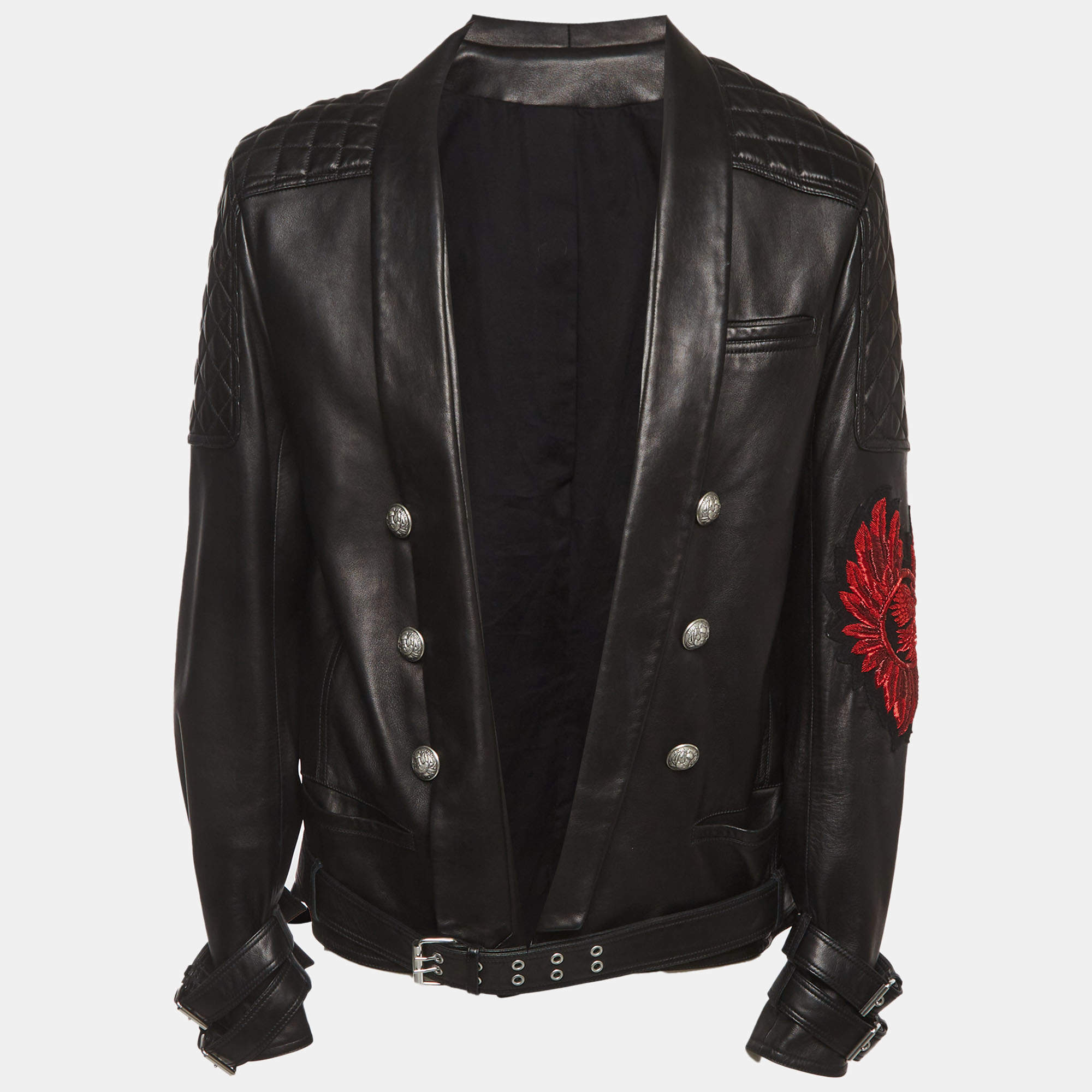 Pre Owned  Balmain Black Quilted  Open Leather Jacket XXXL