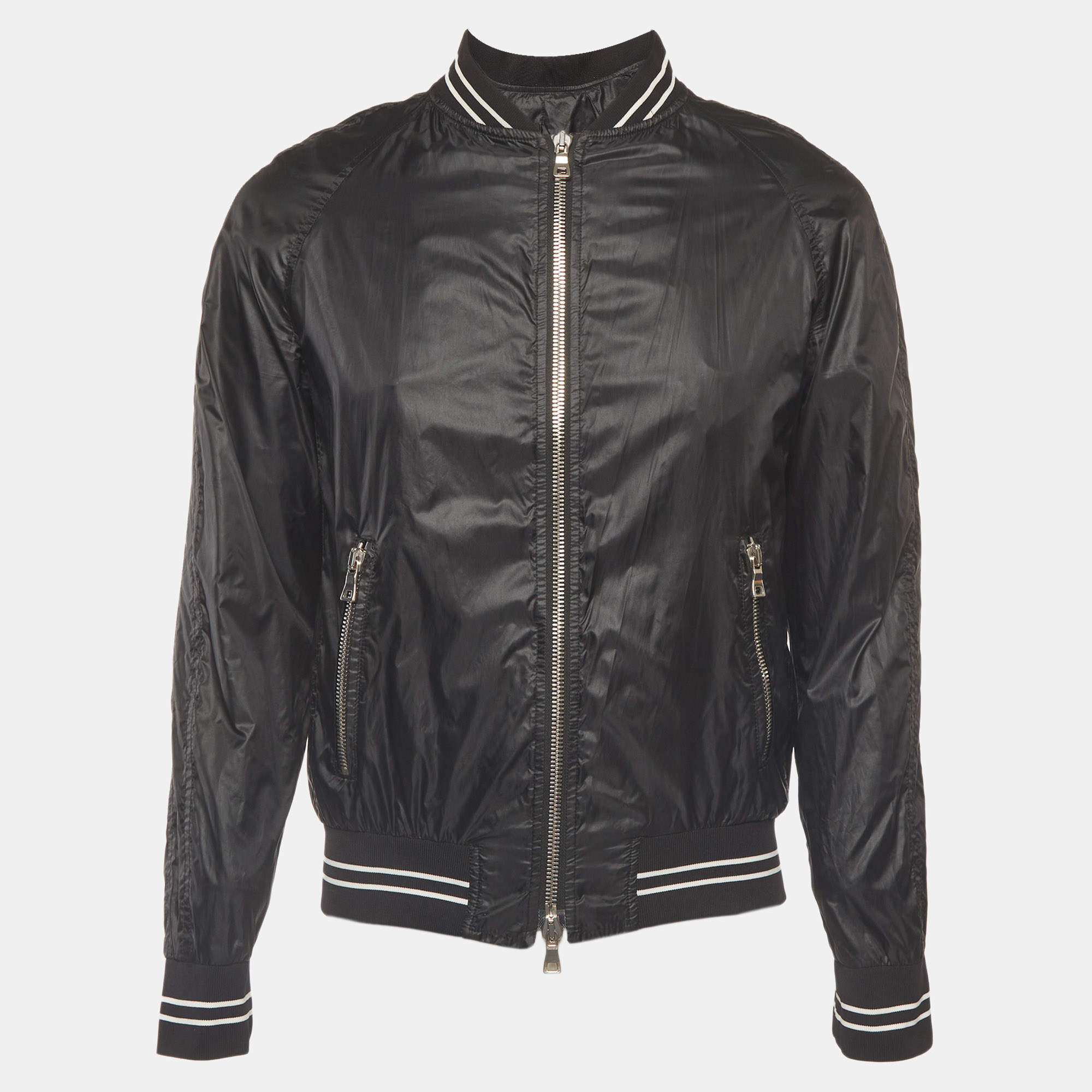 Pre Owned Balmain Black Nylon Logo Applique Bomber Jacket M