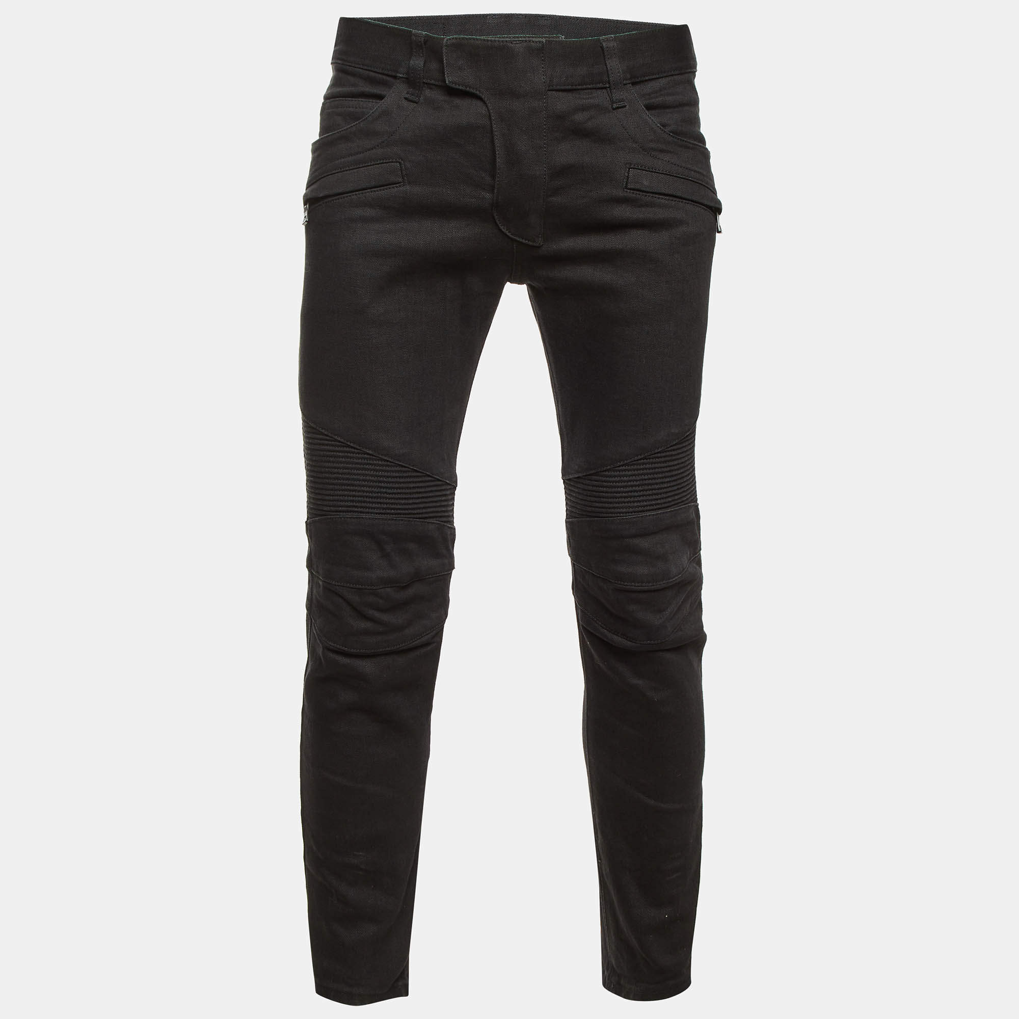 Pre Owned Balmain Black Denim Rib Detail Slim Fit Biker Jeans M/Waist 34"