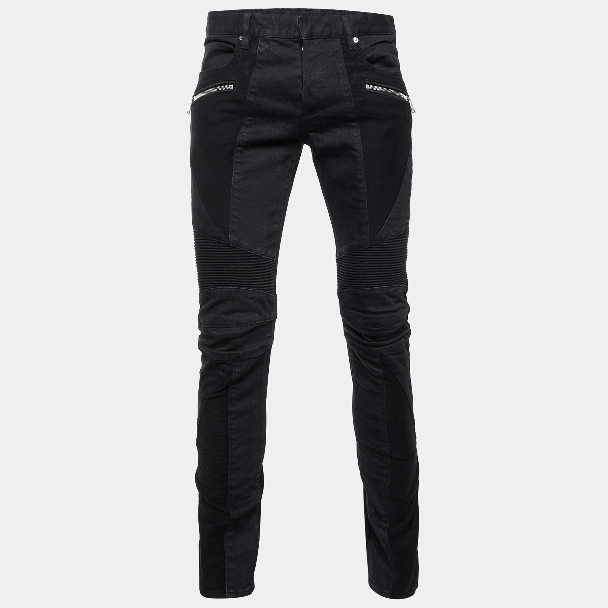 Pre Owned Balmain Black Denim Ribbed Knee Skinny Biker Jeans L/Waist 34"