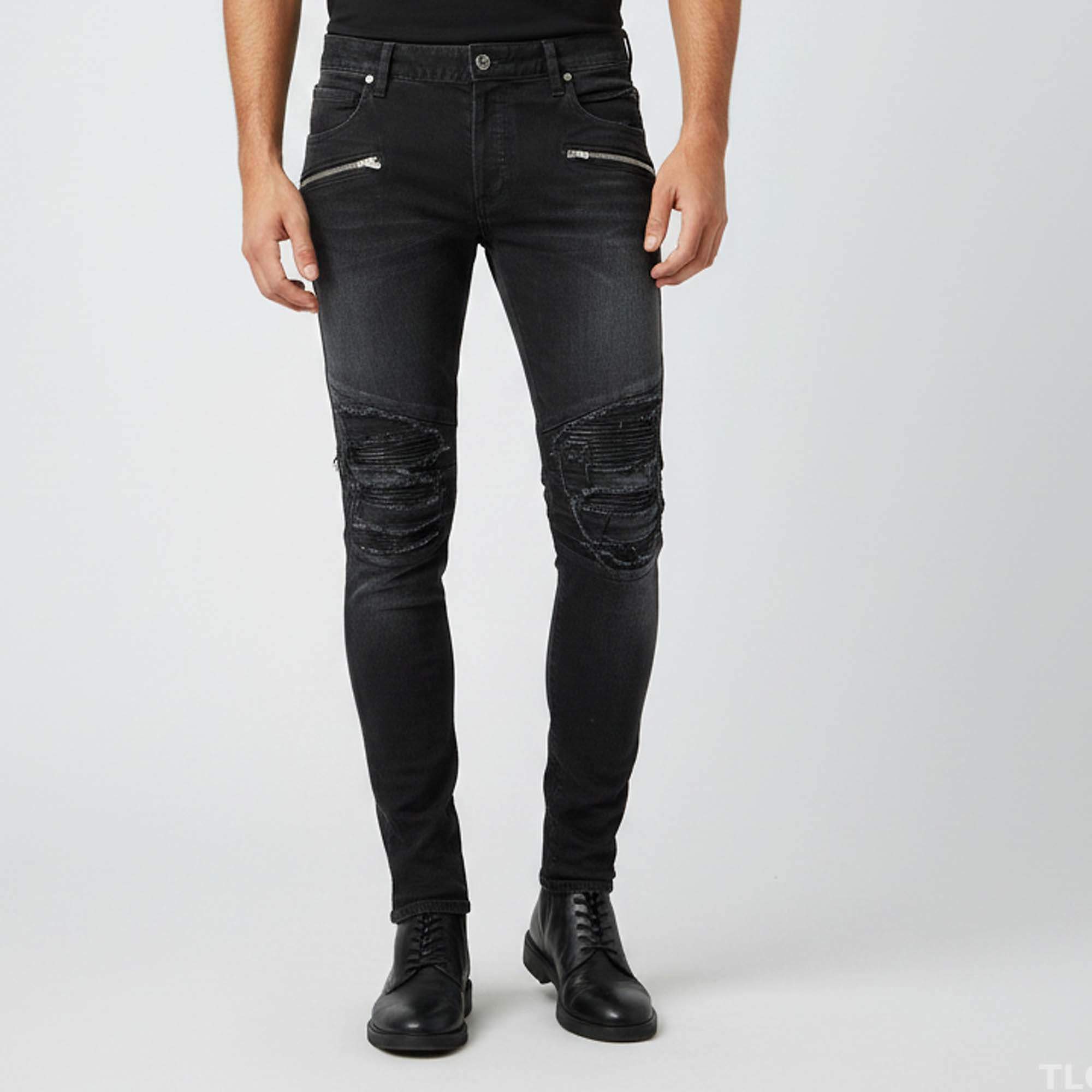 Pre Owned Balmain Black Distressed Denim Slim Fit Biker Jeans M/Waist 32" 