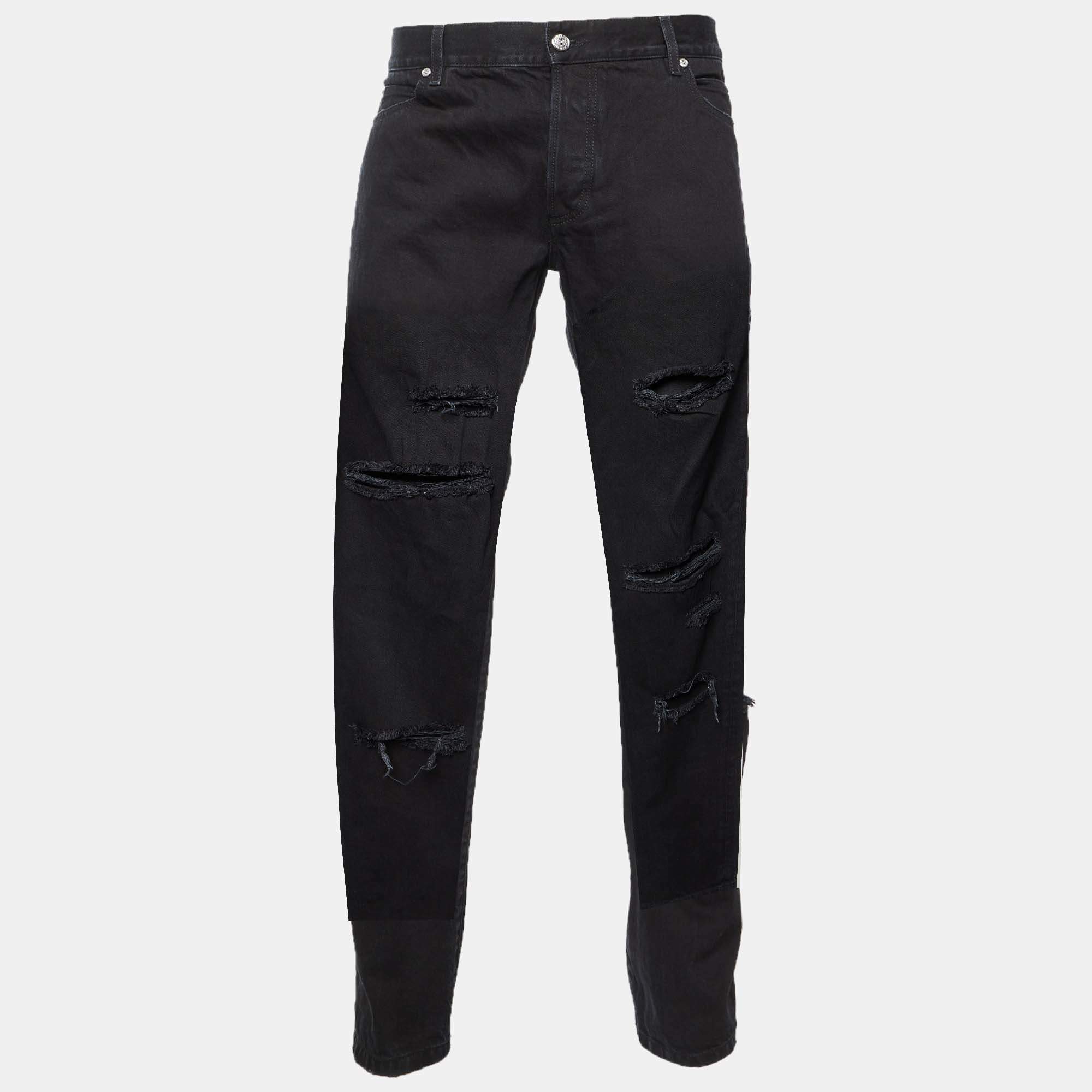 Pre Owned  Balmain Black Distressed and Ripped Denim Straight Jeans M/Waist 34"