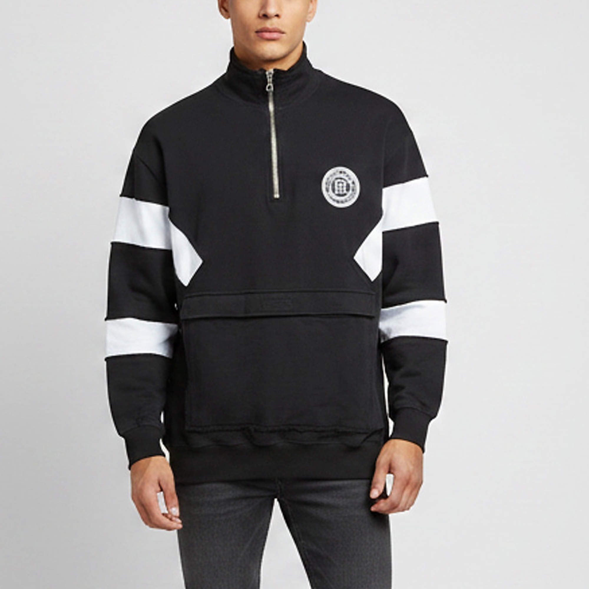Pre Owned Balmain Black Contrast Stripe Cotton Knit Half Zip Sweatshirt L