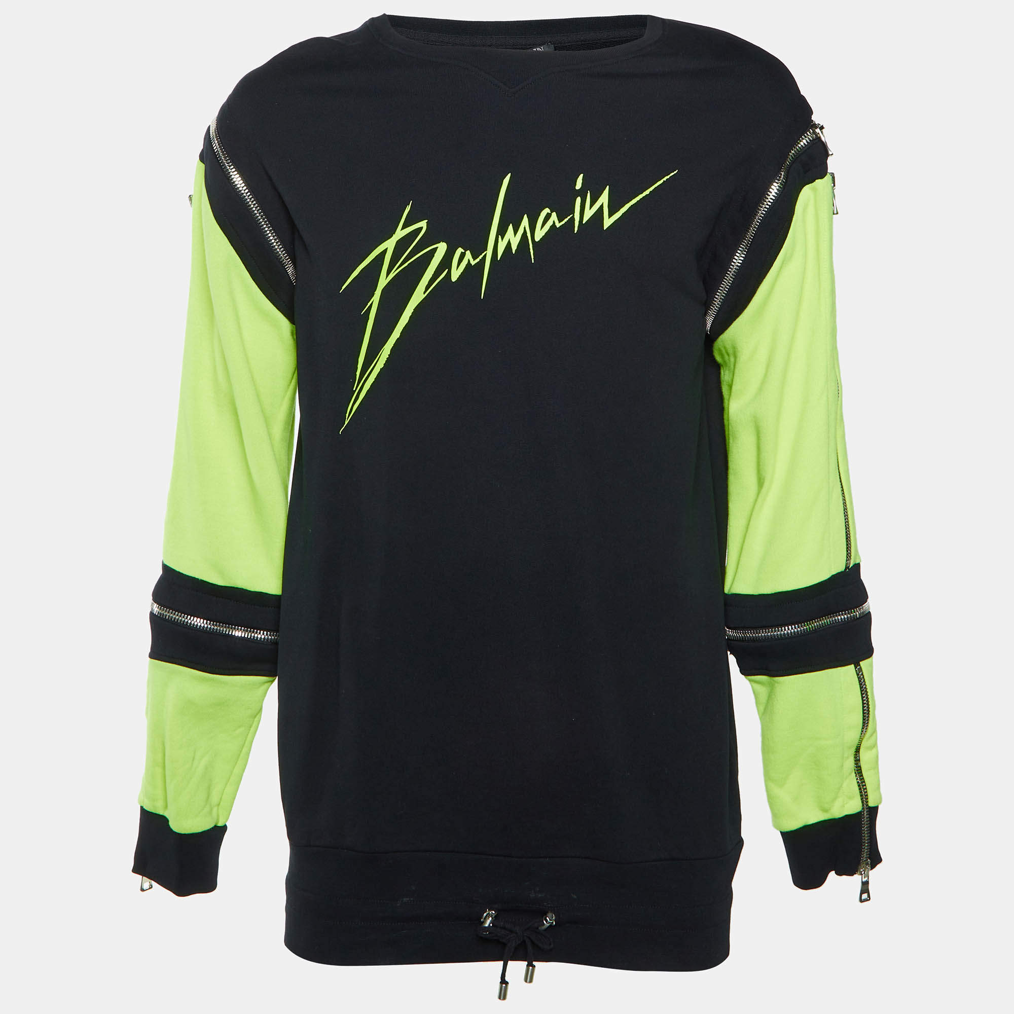 مملوكة مسبقًا Balmain Two Tone Logo Print Cotton Jersey Zip Detail Sweatshirt M