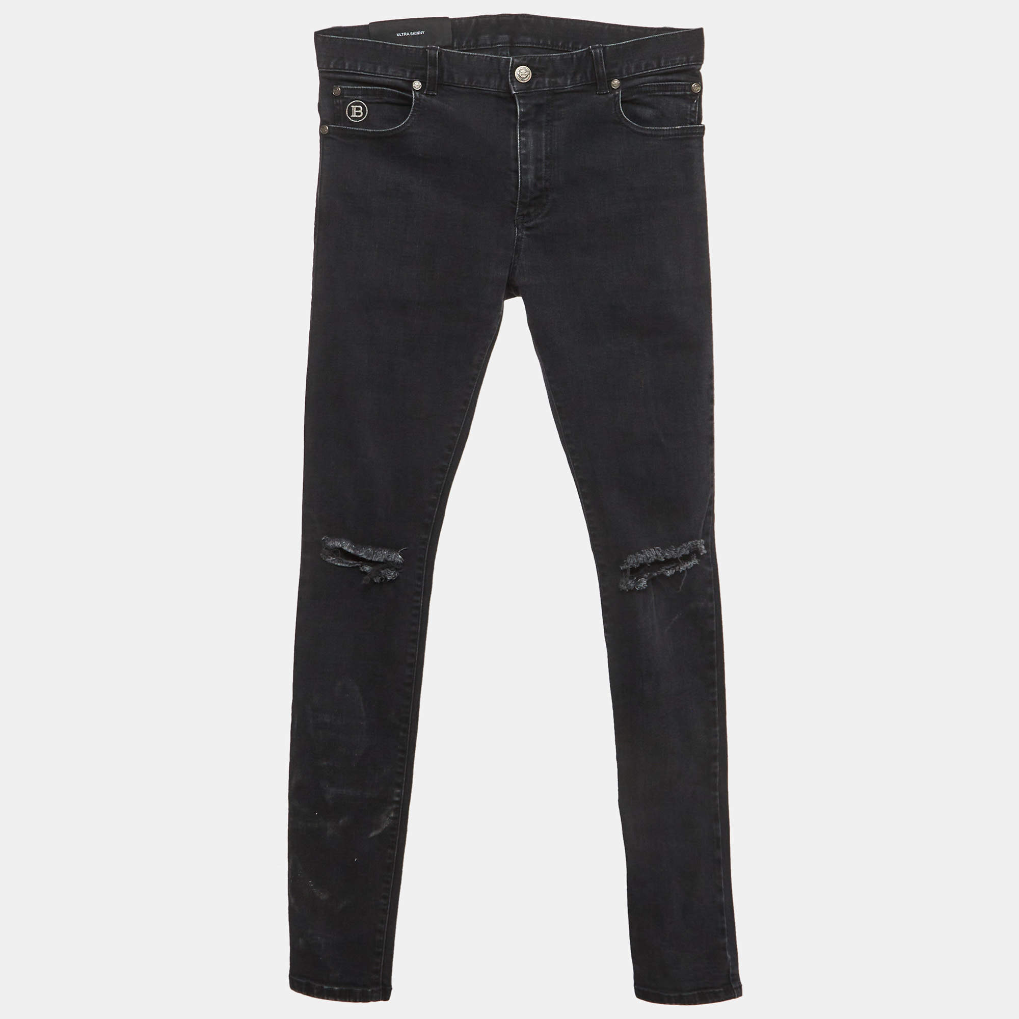 Pre Owned Balmain Black Distressed Denim Ultra Skinny Jeans S/Waist 31"