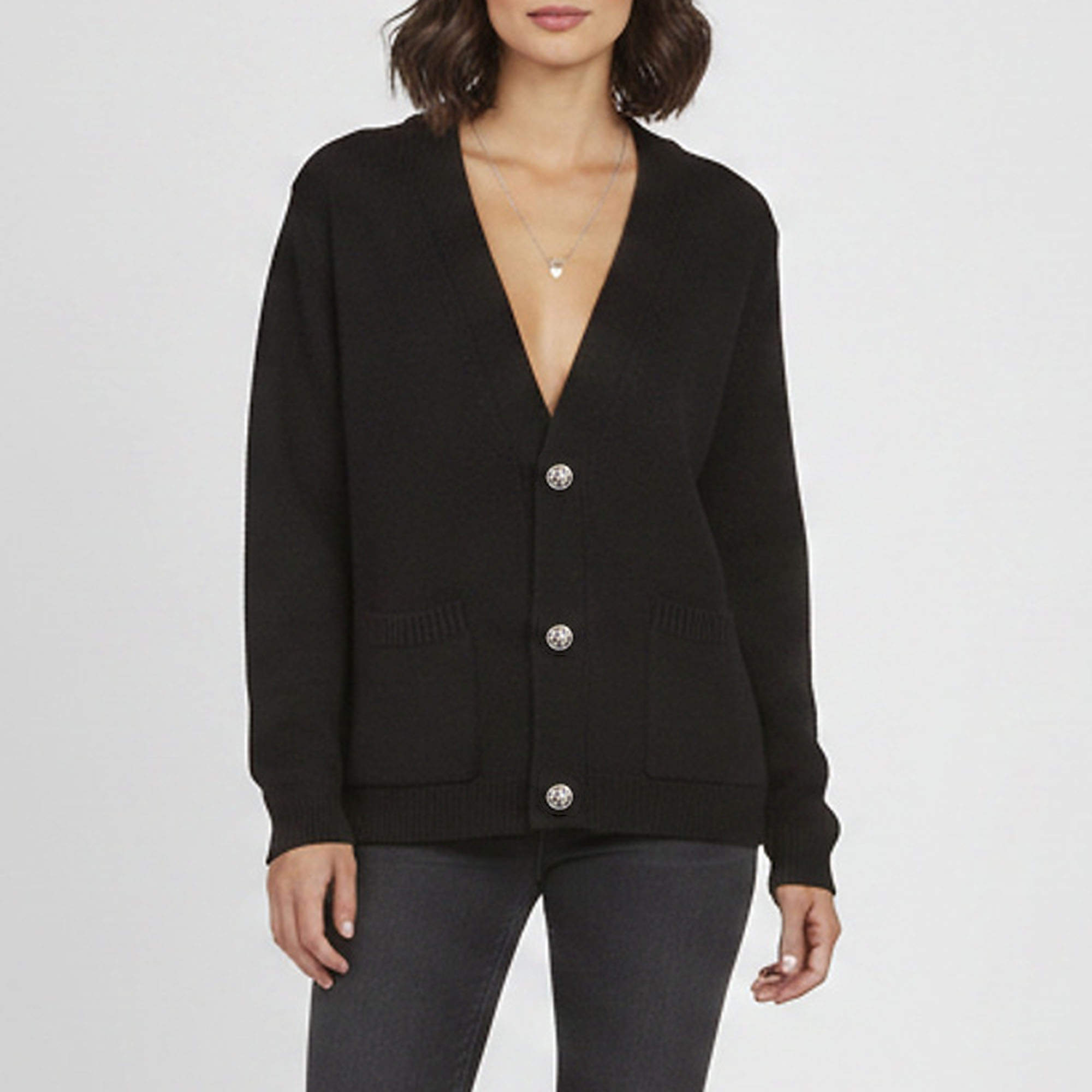 Pre Owned Balmain Black Logo Intarsia Wool Knit Button-Down Cardigan M