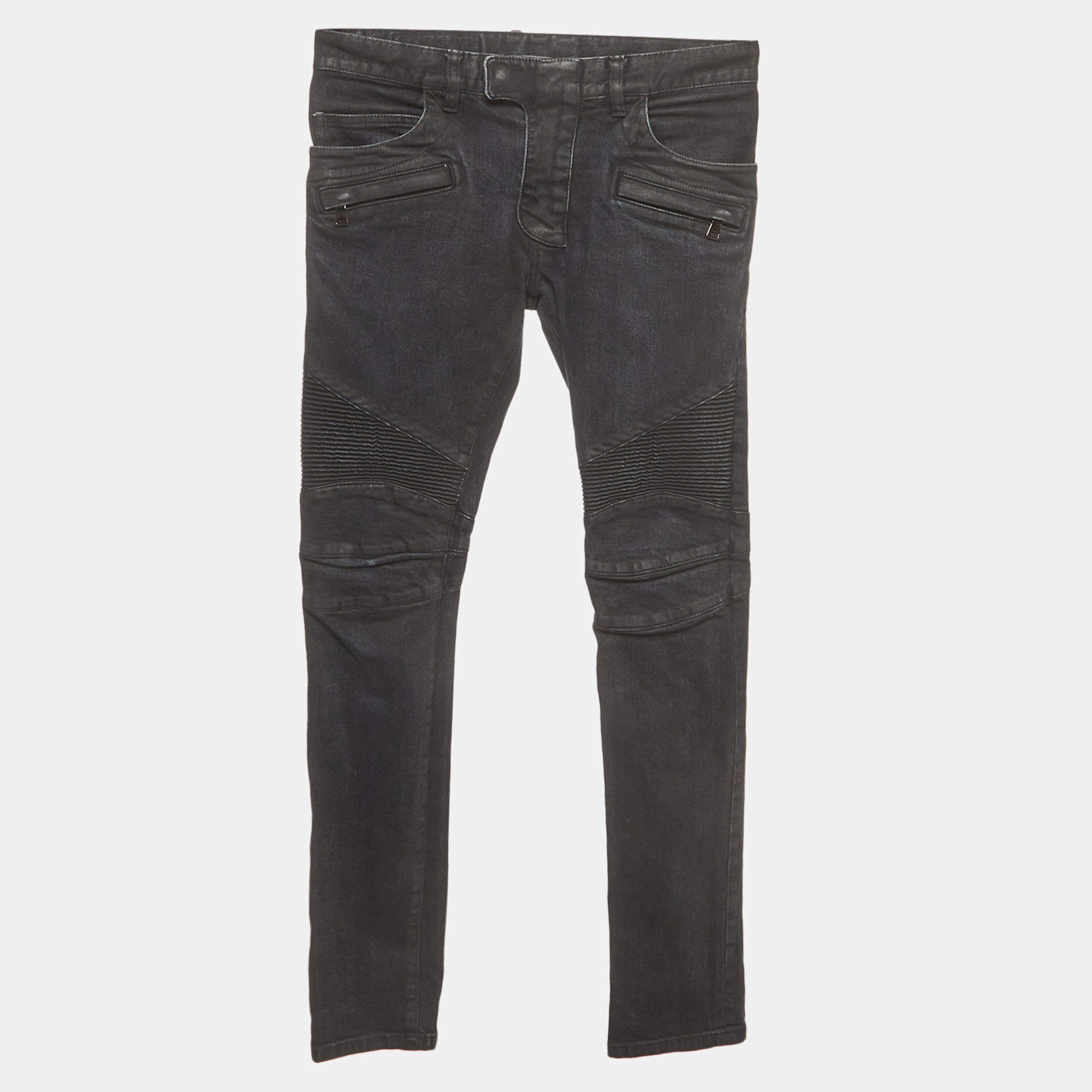 مملوكة مسبقًا Balmain Black Ribbed Denim Biker Skinny Jeans S/Waist 32"