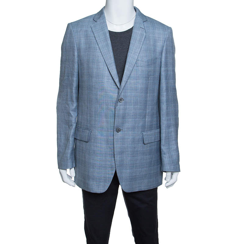 Pre Owned Balmain Blue Checkered Wool and Linen Slim Fit Soft Shoulder Blazer XXL