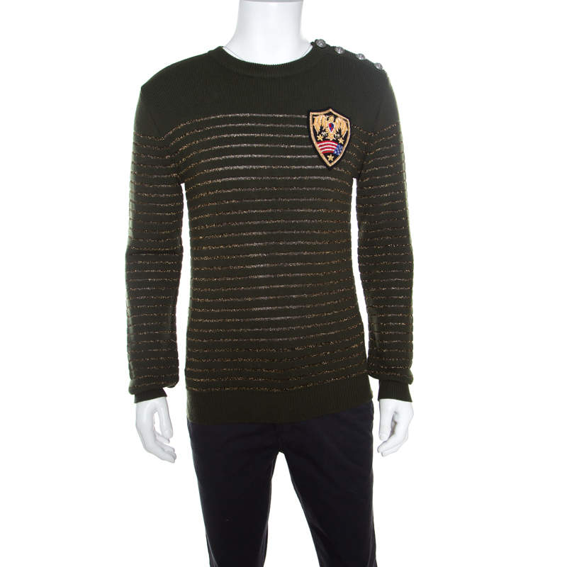 Balmain Military Green Striped Lurex and Merino Wool Crest Badge Detail Sweater L