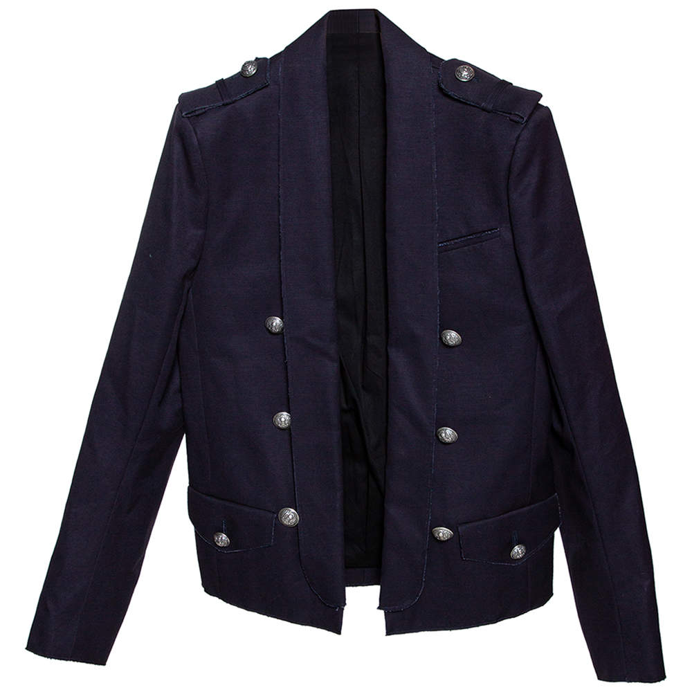 Pre Owned Balmain Midnight Blue Cotton Canvas Raw Edged Detail Blazer M