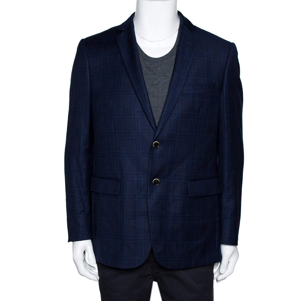 Pre Owned Balmain Super 120s Navy Blue Checkered Wool Slim Fit Blazer XL