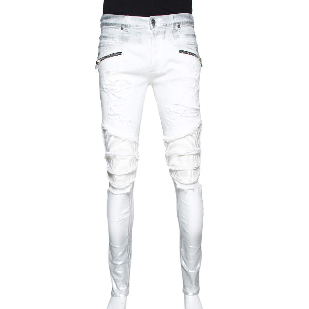 Foil Print Distressed Skinny Biker Jeans M Balmain TLC