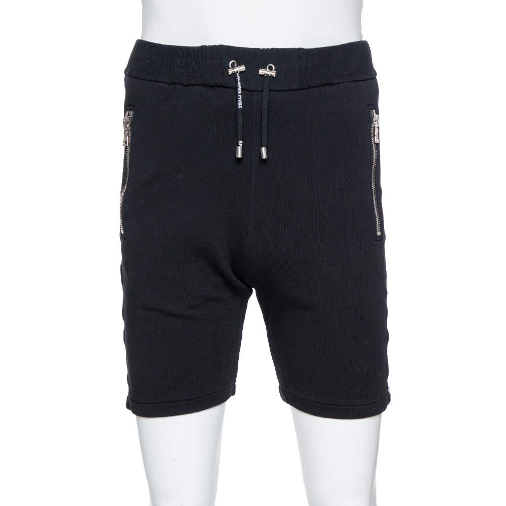 Pre Owned Balmain Black Cotton Logo Tape Detail Track Shorts M