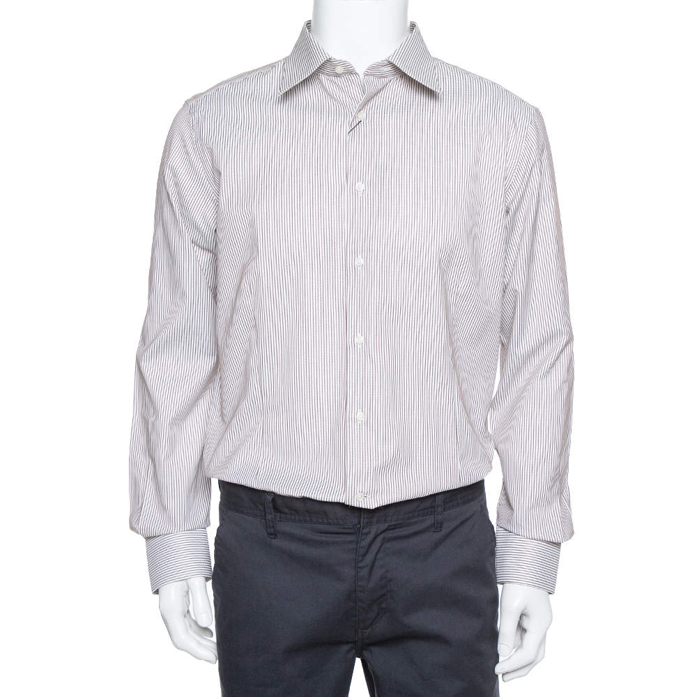 Balmain Cream & Brown Striped Cotton Button Front Slim Fit Two Ply Shirt L