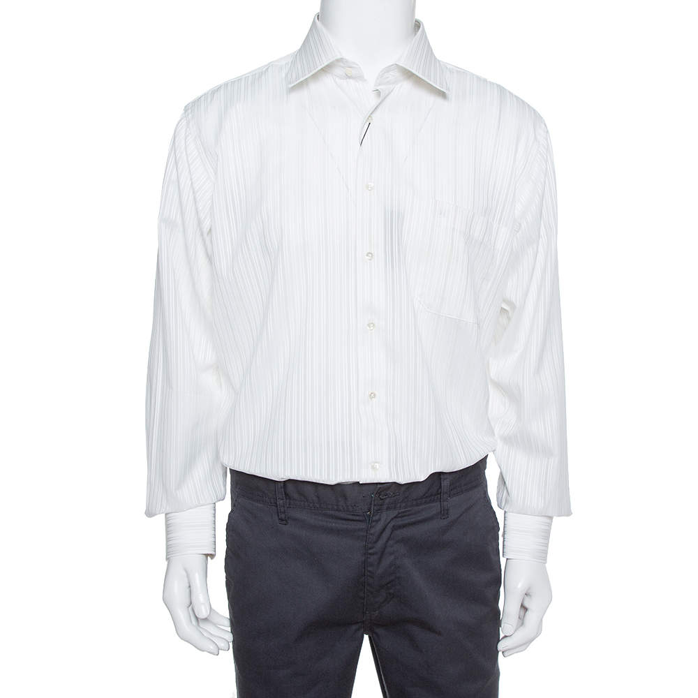 Pre Owned Balmain Cream Striped Cotton Long Sleeve Button Front Two Ply Shirt L