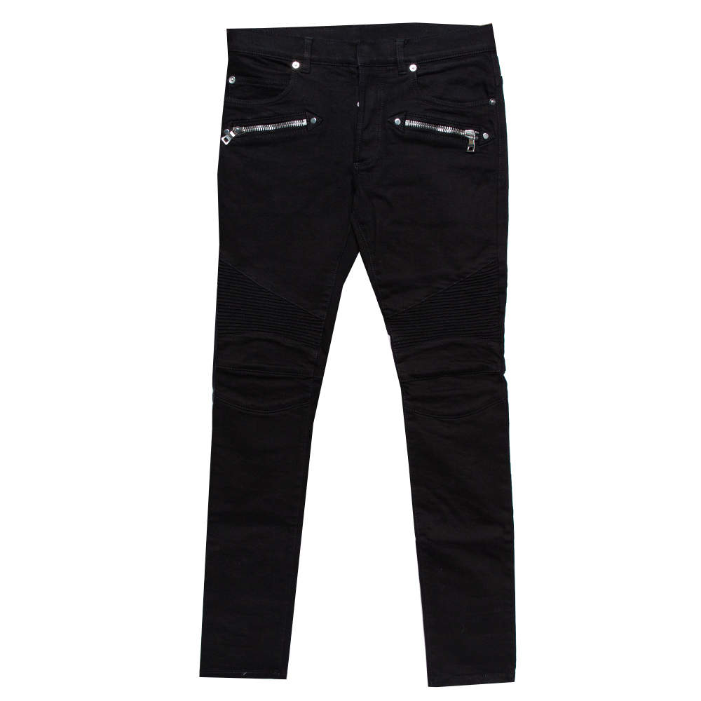 Pre Owned Balmain Black Denim Logo Embroidered Biker Jeans S