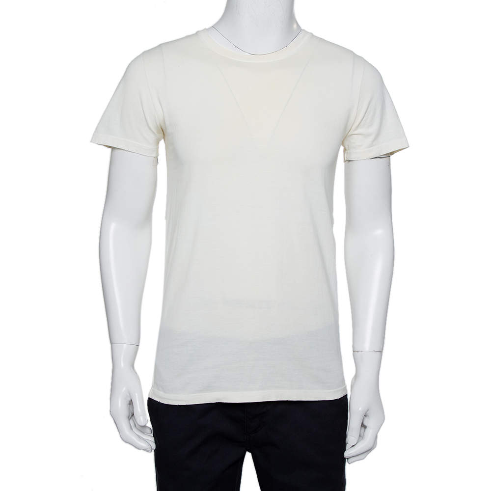 Pre Owned Balmain Cream Cotton Distressed Crewneck T-Shirt S   