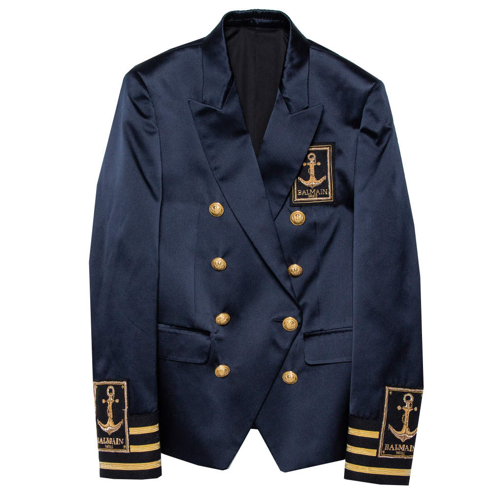 Pre Owned Balmain Navy Blue Logo Embroidered Silk Satin Double Breasted Blazer S