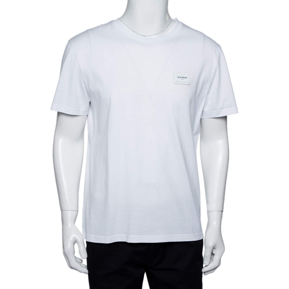 Pre Owned Balmain White Cotton Logo Patch Detail Crewneck T-Shirt L