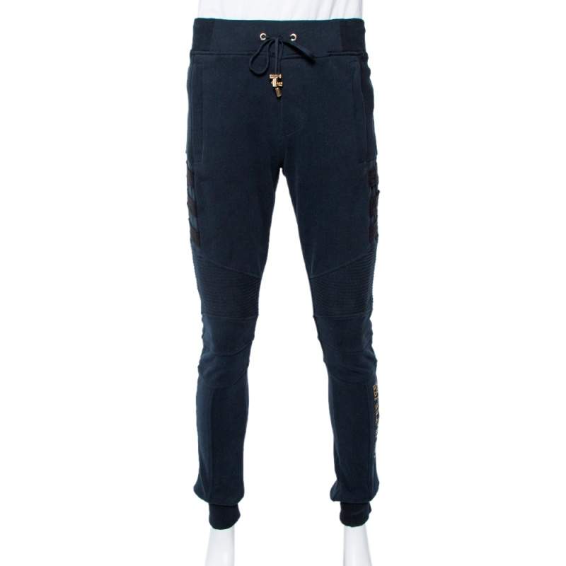 Pre Owned Balmain Navy Blue Logo Printed Cotton Knit Quilted Detail Biker Joggers XL