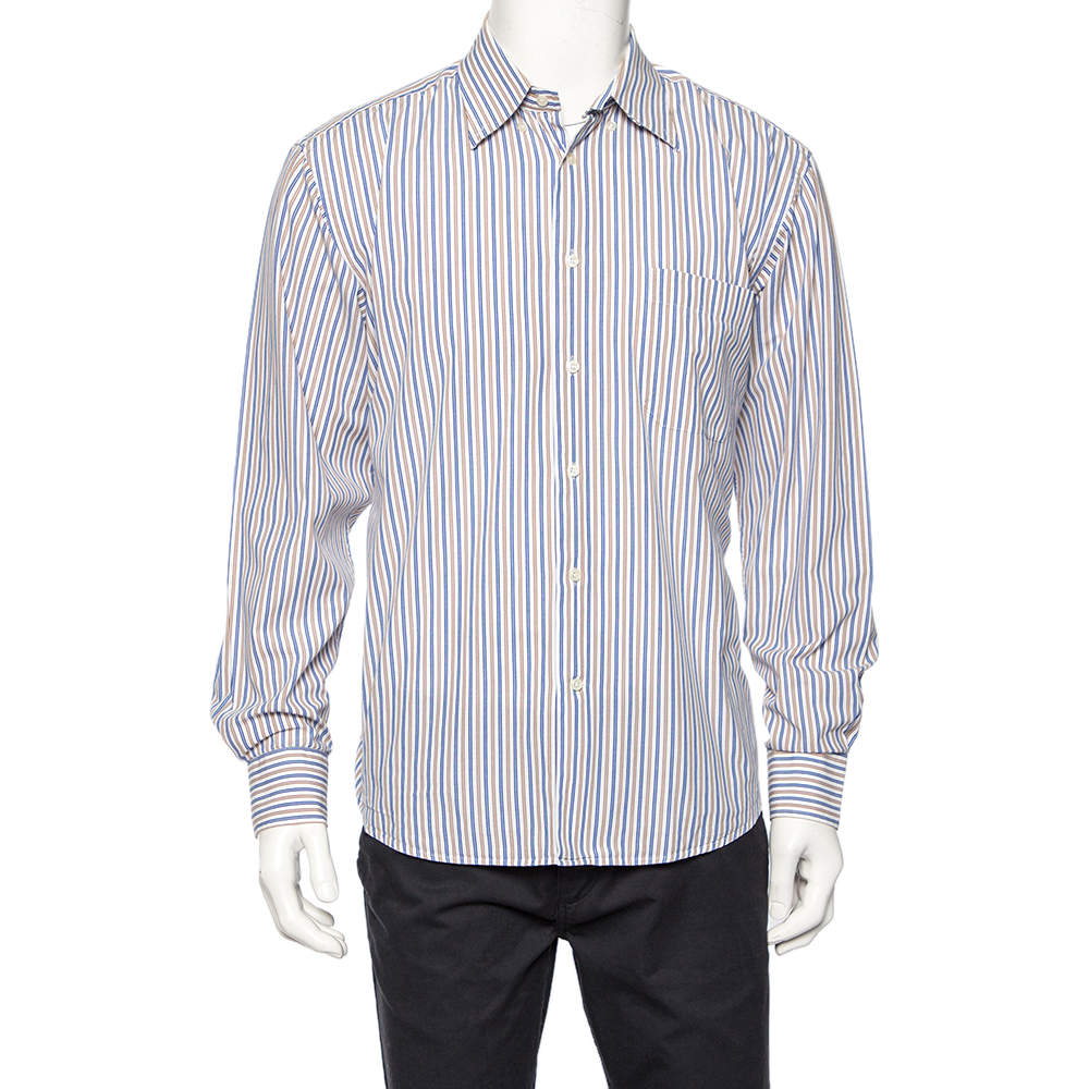 Balmain White Striped Cotton Button Front Shirt L