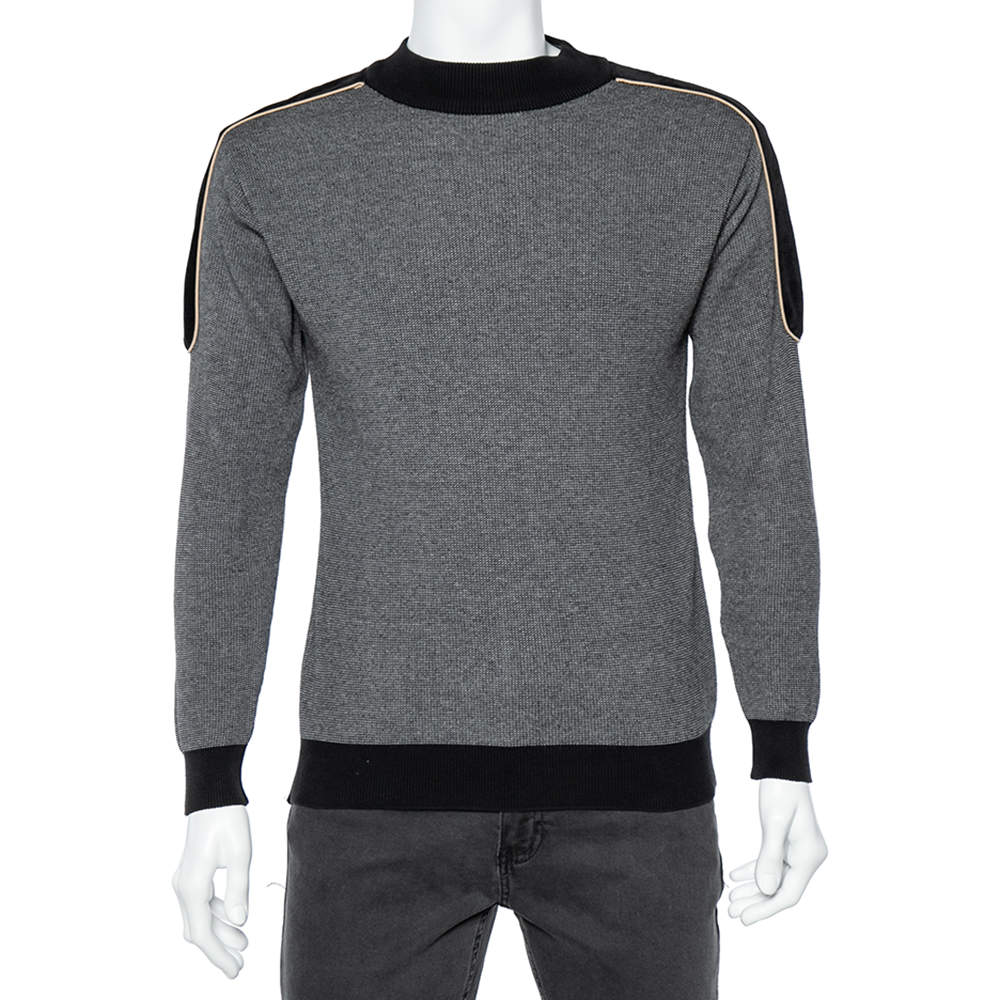 Pre Owned Balmain Grey Wool Knit Contrast Velvet Trim Sweater S