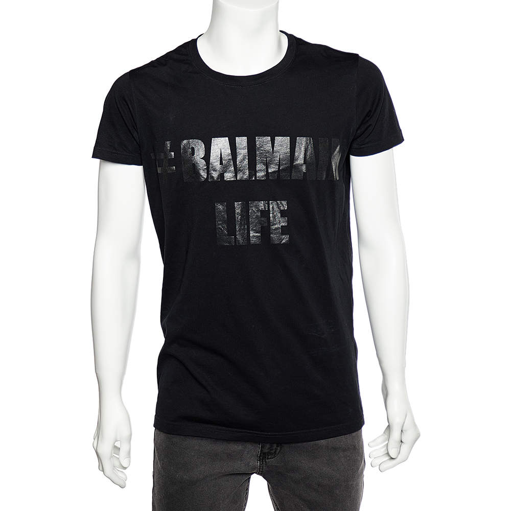 Pre Owned Balmain Black Logo Printed Cotton Crewneck T-Shirt M