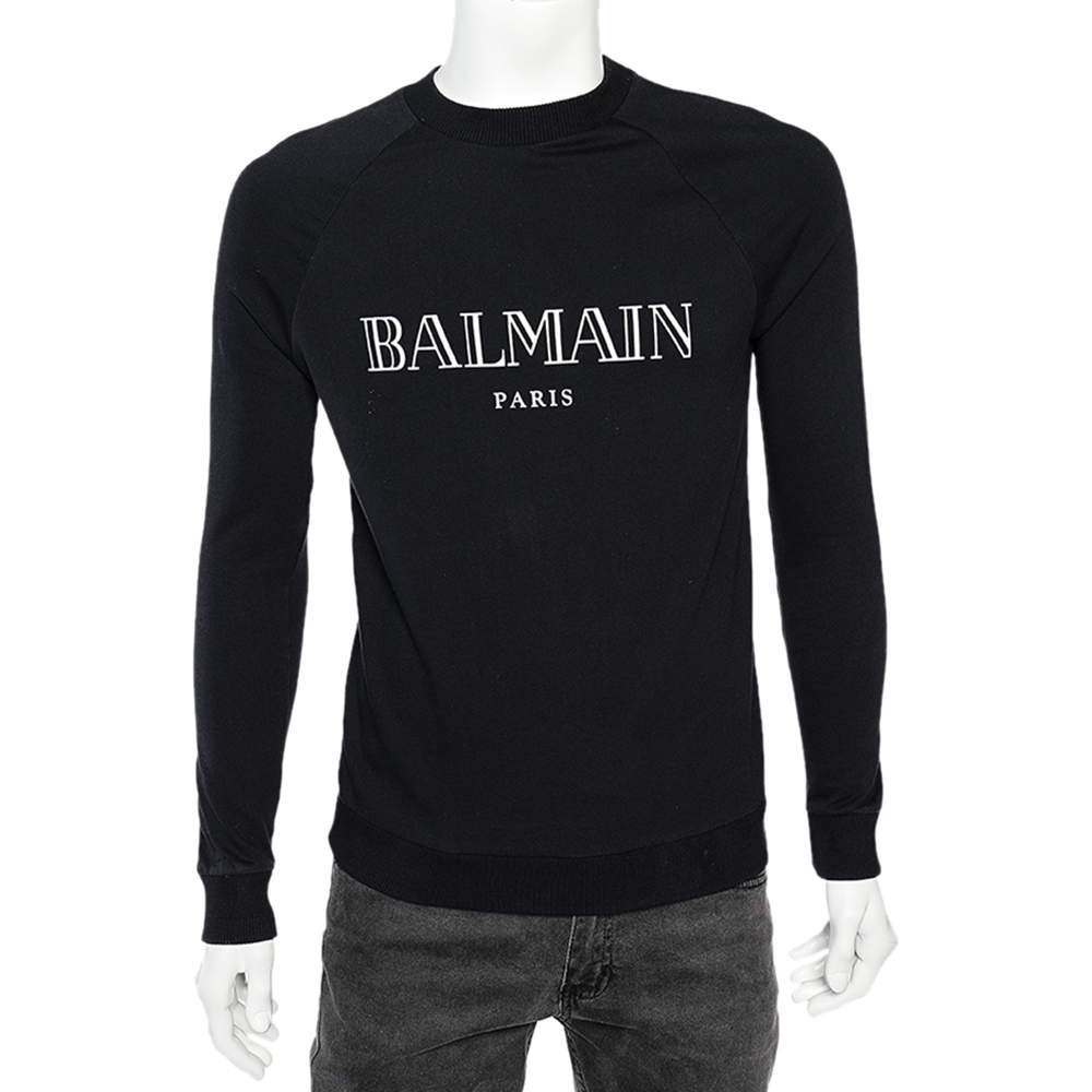 Pre Owned Balmain Black Logo Printed Cotton Crewneck Sweatshirt S
