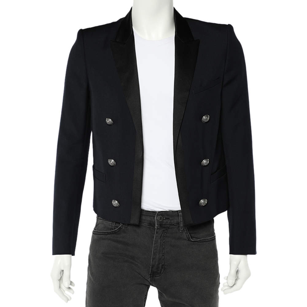 Pre Owned Balmain Navy Blue Wool Contrast Trim Open Front Blazer M