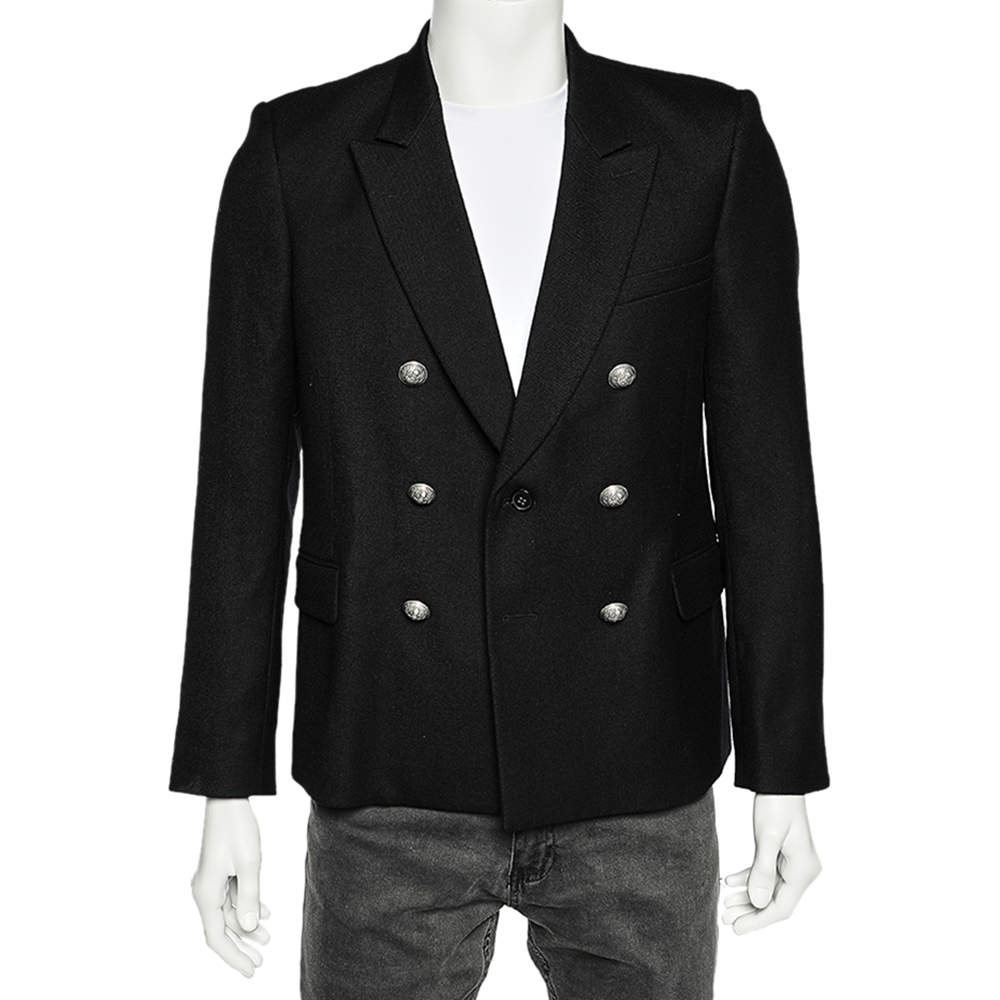 Pre Owned Balmain Black Wool Button Detail Double Breasted Jacket M