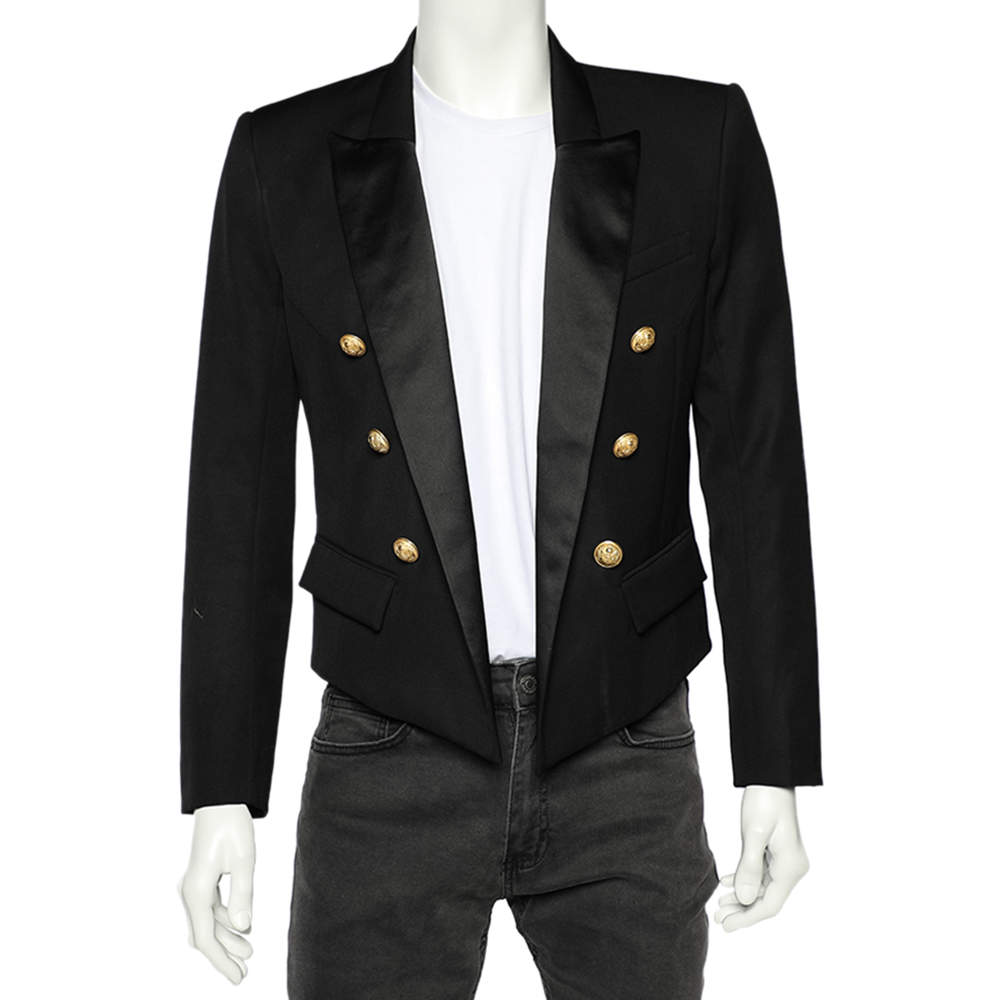 Pre Owned Balmain Black Wool Satin Trim Spencer Blazer L