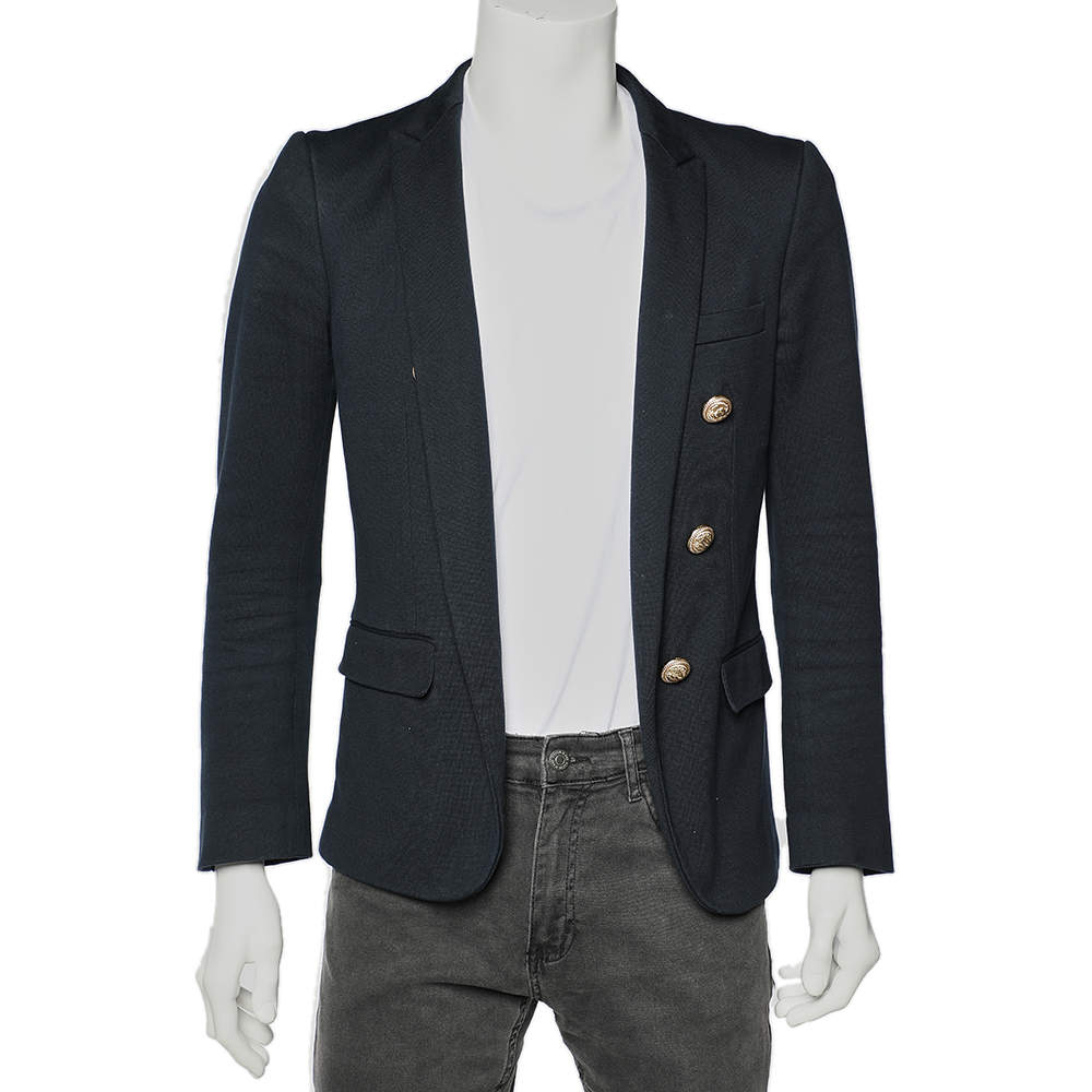 Pre Owned Balmain Blue Cotton Button Detailed Open-Front Blazer M