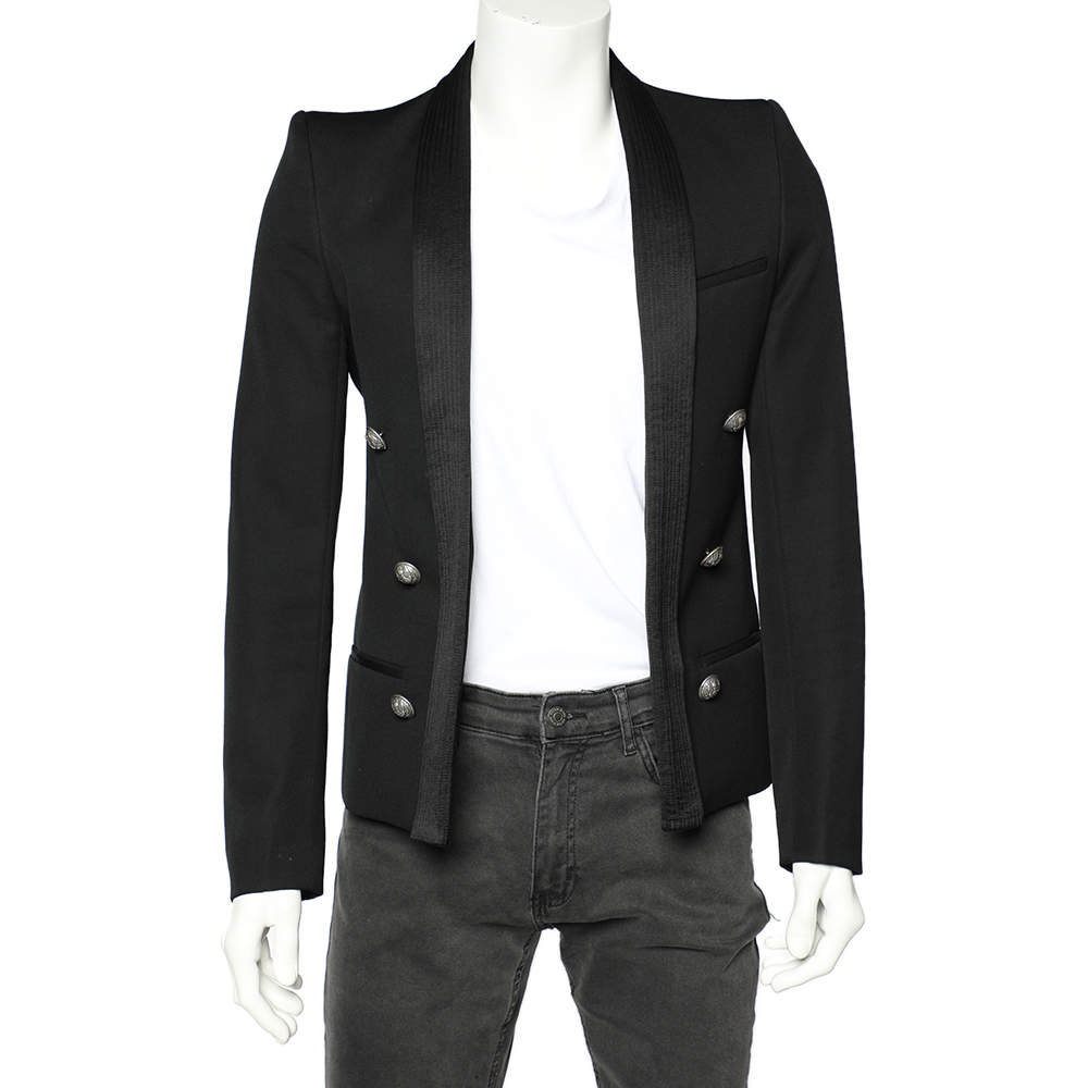 Pre Owned Balmain Black Wool Button Detailed Open Front Blazer M 